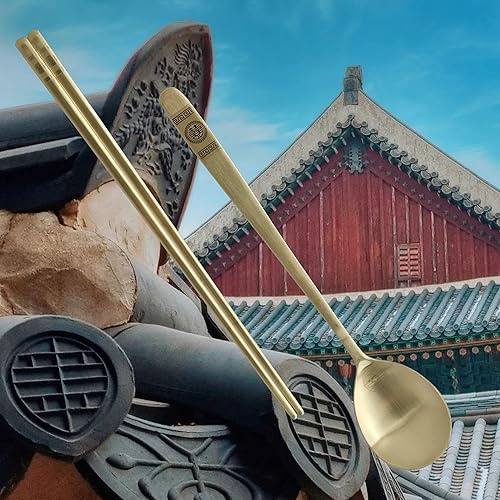 Miniatura 7 de 5 Set Hecho en Corea Juego de palillos de cuchara de arroz pegajosa coreana chapado en titanio dorado 304 vajilla de acero inoxidable 304 Juego de