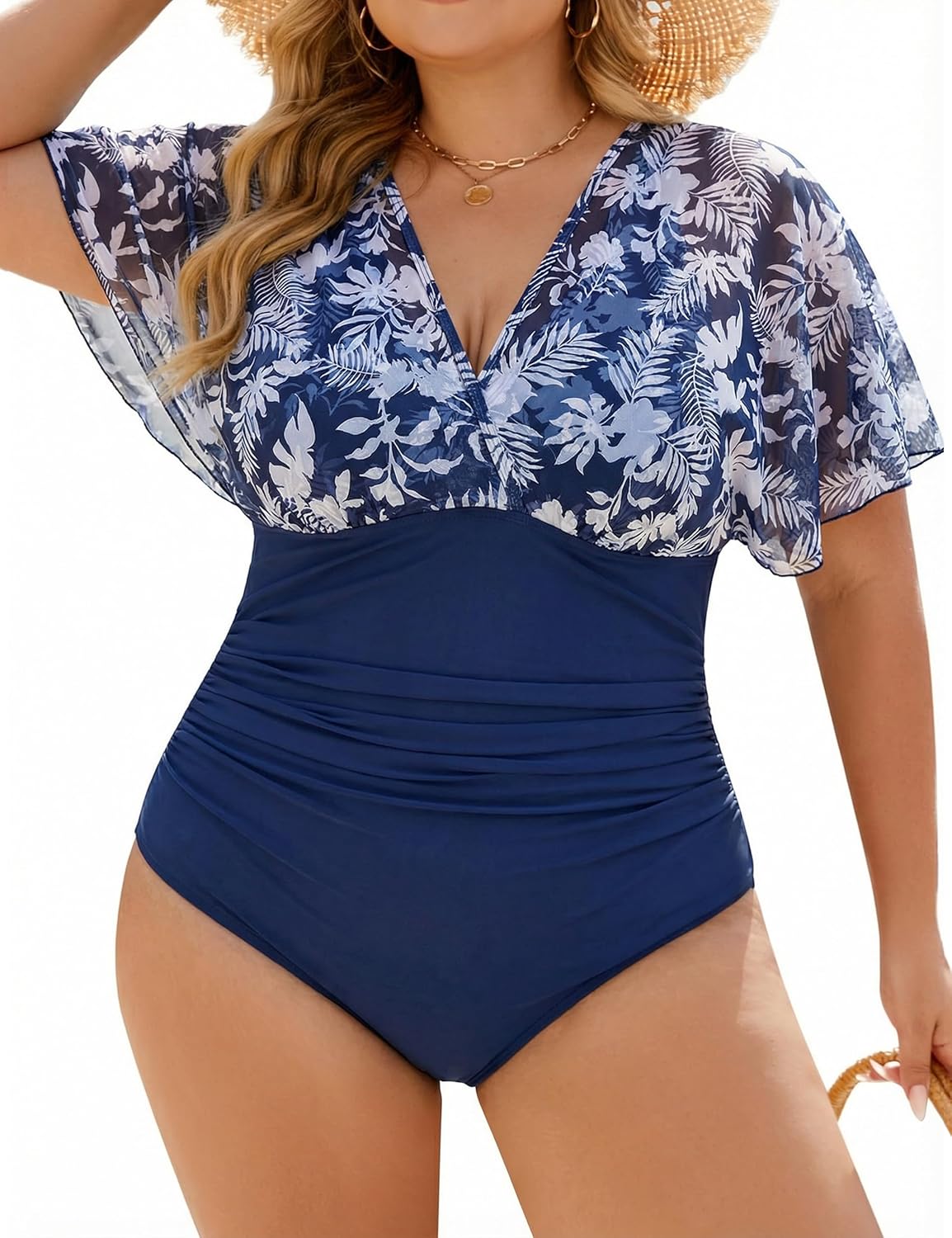 Blooming Jelly Women's Plus Size Swimsuit One Piece Bathing Suit Tummy Control Mesh V Neck Maternity Swimwear