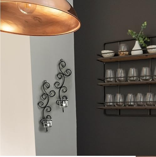 Miniatura 6 de Lilys Home Deco - Candelabros de pared con forma de remolino acero negro juego de 2 con 2 portavelas de cristal transparente