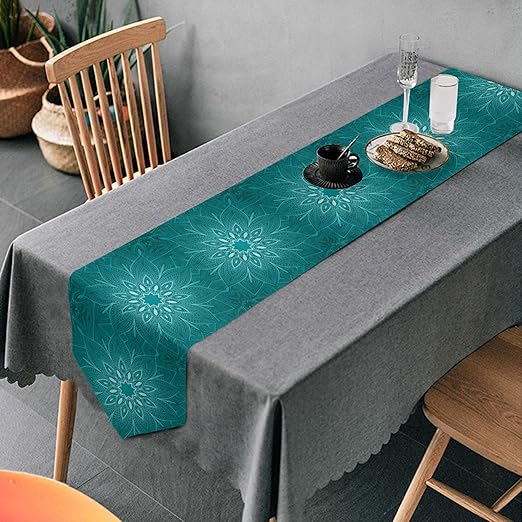 MNSRUU Table Runner, Teal Mandala Floral Dining Coffee Table Runner for Wedding Farmhouse Home Kitchen D¨¦cor, 70 Inches Long