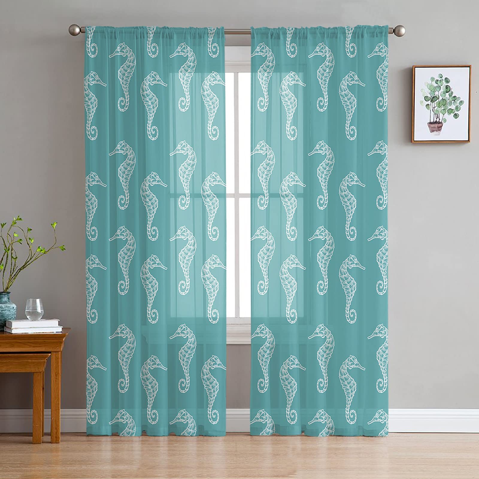 Edwiinsa Semi Voile Sheer Window Curtains, Ocean Seahorse Cyan Pattern Rod Pocket Curtains Panels Set of 2, 52 x 84 inch Long Window Treatment for Bedroom Living Room,