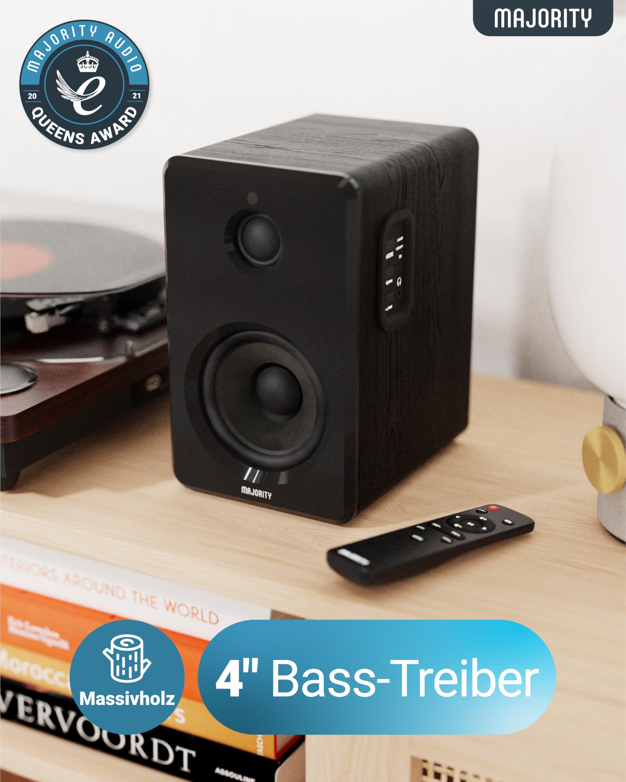 MAJORITY D40 Bluetooth Lautsprecher Boxen | 60W 2.0 Aktivlautsprecher | Studio Monitor mit 4"-Treiber | Regallautsprecher für HiFi Stereo mit Optischer, USB- und AUX-Eingang | Fernbedienung