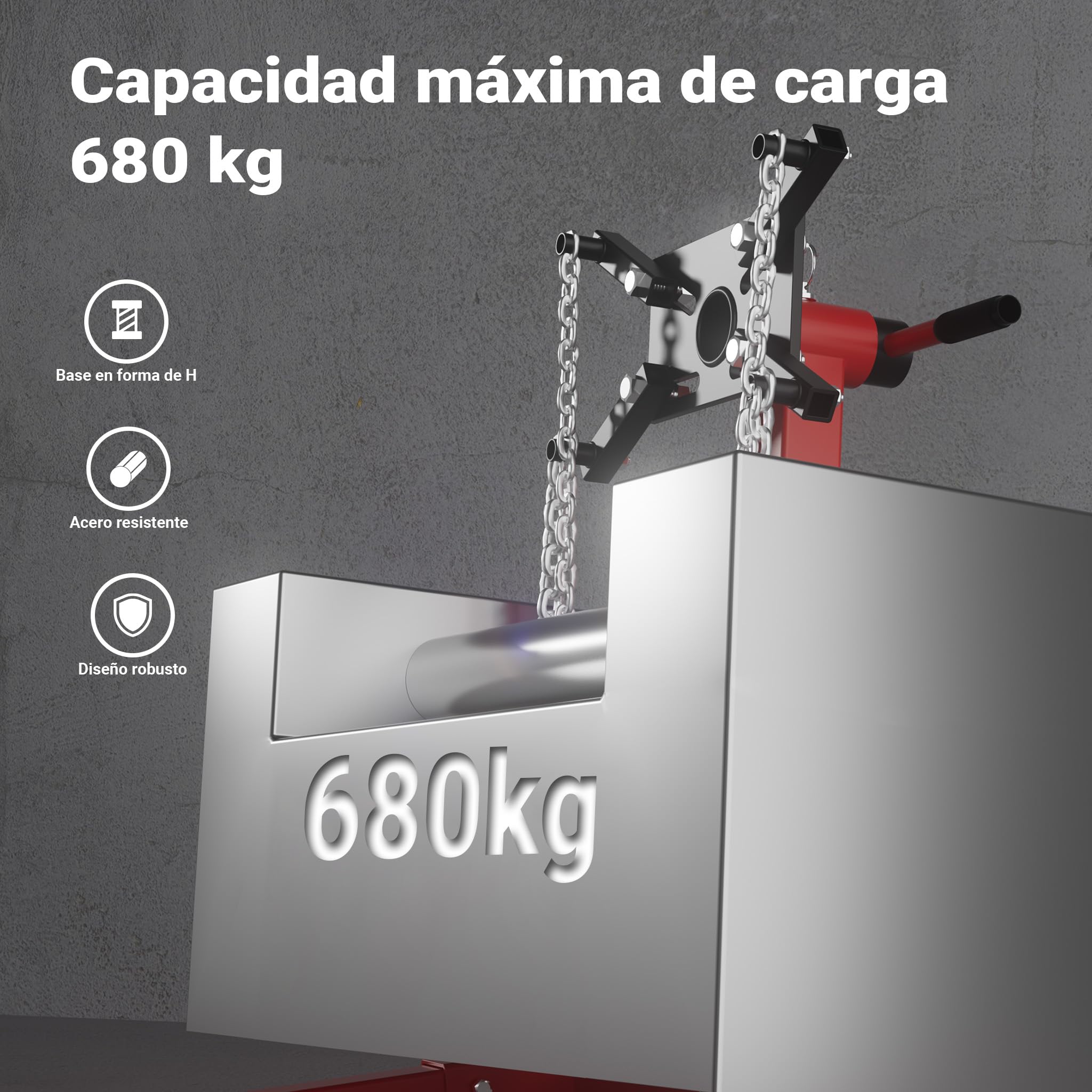Wiltec Soporte de motor hasta 680 kg elevador gato de transmisión con ruedas pivotantes en 360° caballete de caja de cambios con cabezal de montaje ajustable y giratorio