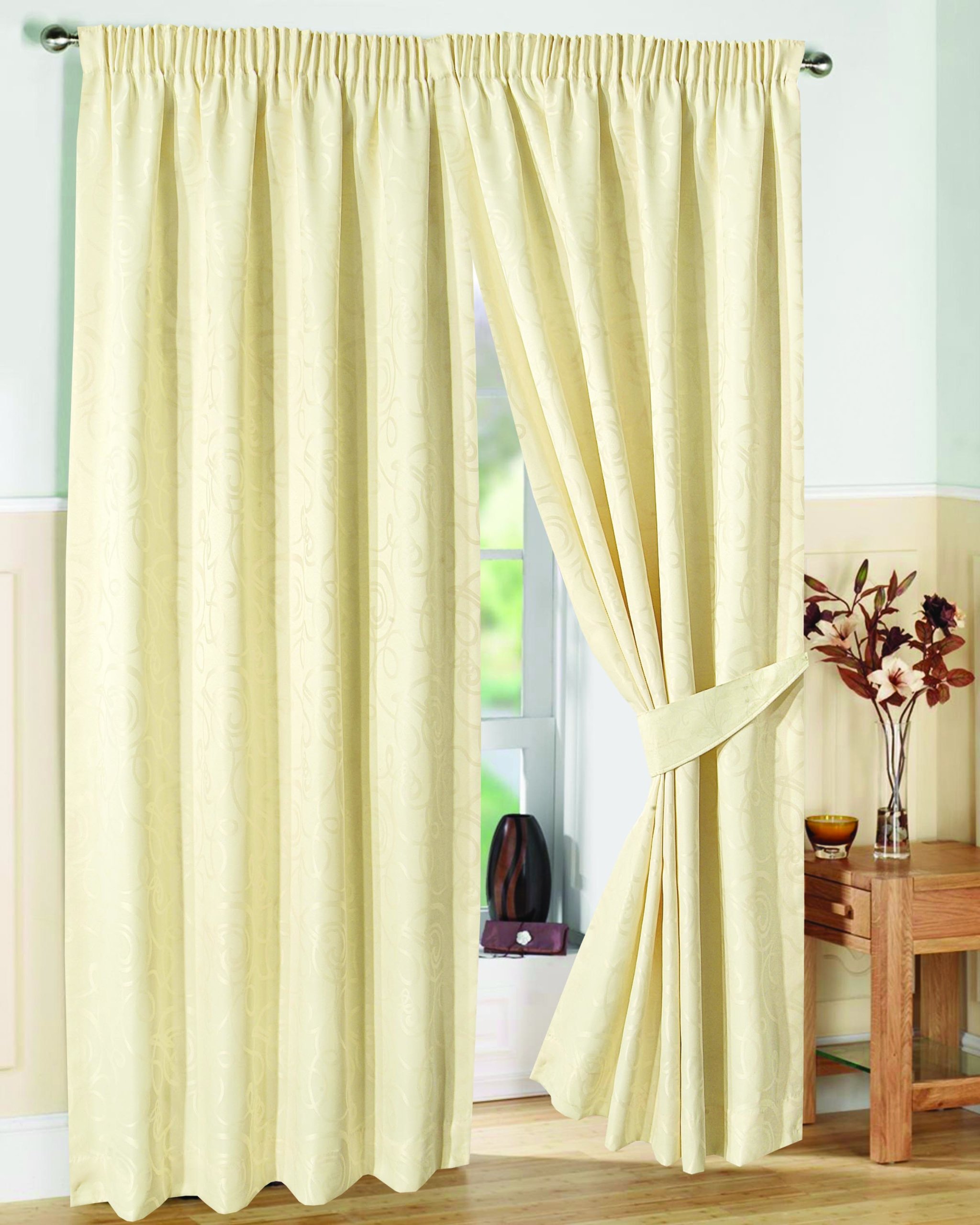 Viceroy Bedding Cream Pair Of Fully Lined 90" Width X Drop 108" Jacquard Swirl Design Pencil Pleat Curtains With Matching Tiebacks