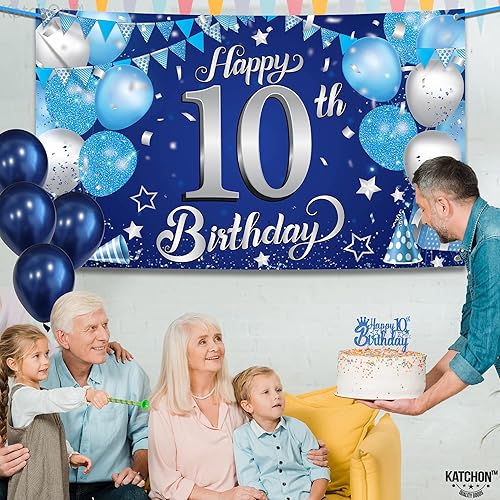 Miniatura 7 de KatchOn, Pancarta azul de feliz cumpleaños número 10  72 x 44 pulgadas, grande  telón de fondo azul plateado de 10 cumpleaños para niños  pancarta