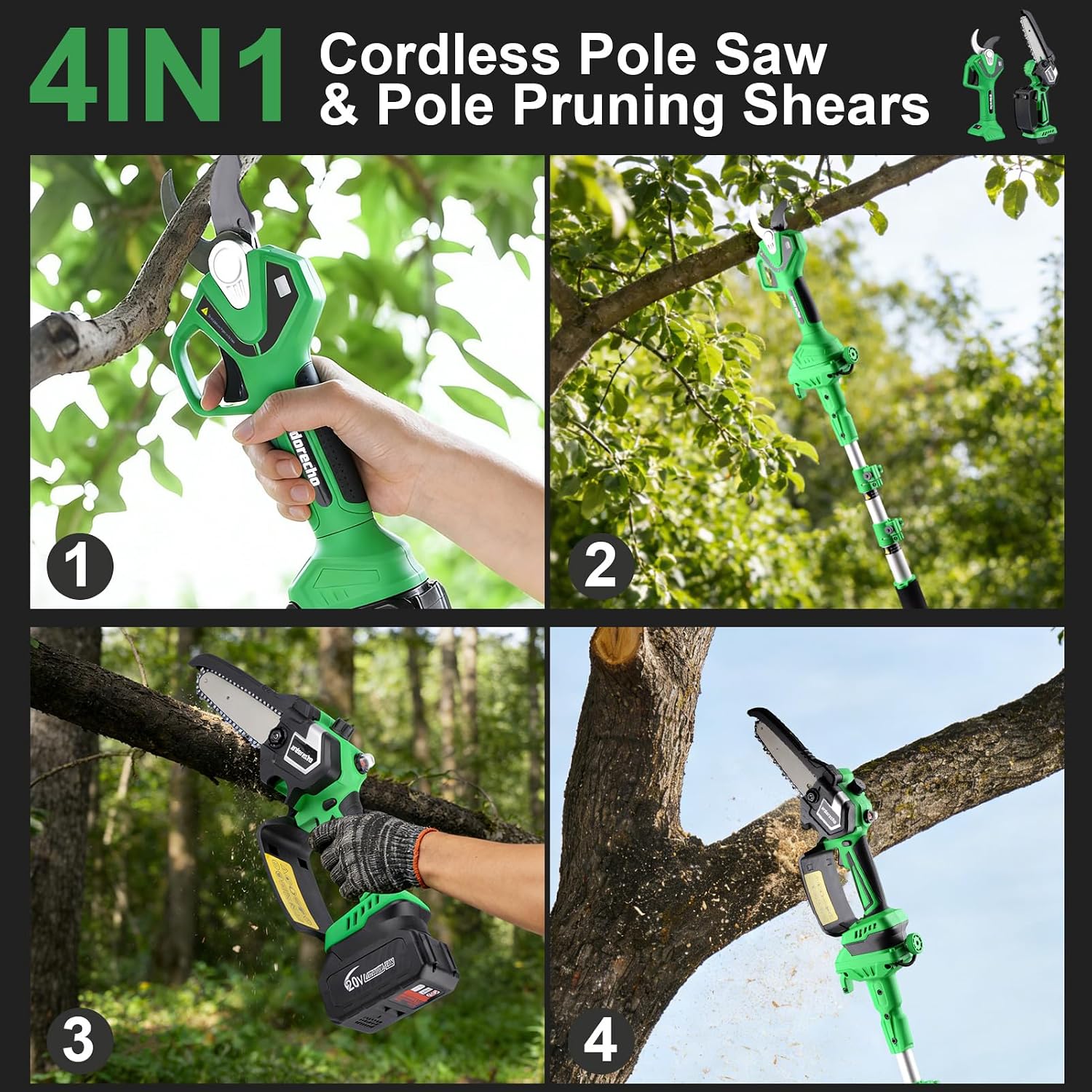 Cordless Pole Saw 8.2FT – 3-in-1 Tree Trimming System with 6-Inch Mini Chainsaw & 40mm Pruning Shears, Extendable Electric Pole Saw Kit, 2x 4.0Ah Batteries