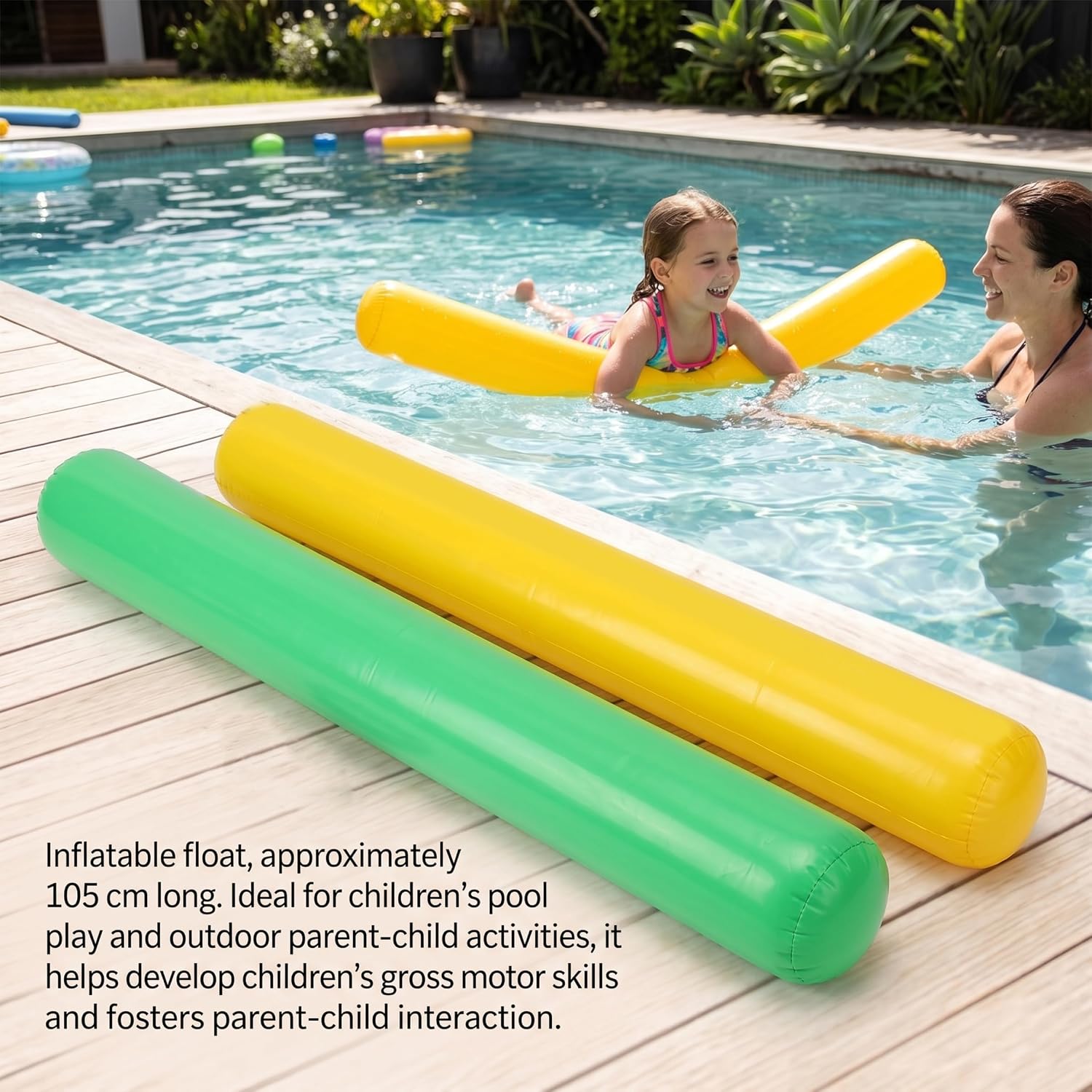 Inflatable Noodle 2PCS Inflatable Pool Noodle, 41inch Sturdy Swimming Portable Fun Safe Float for Kids Water Activity, Green & Yellow