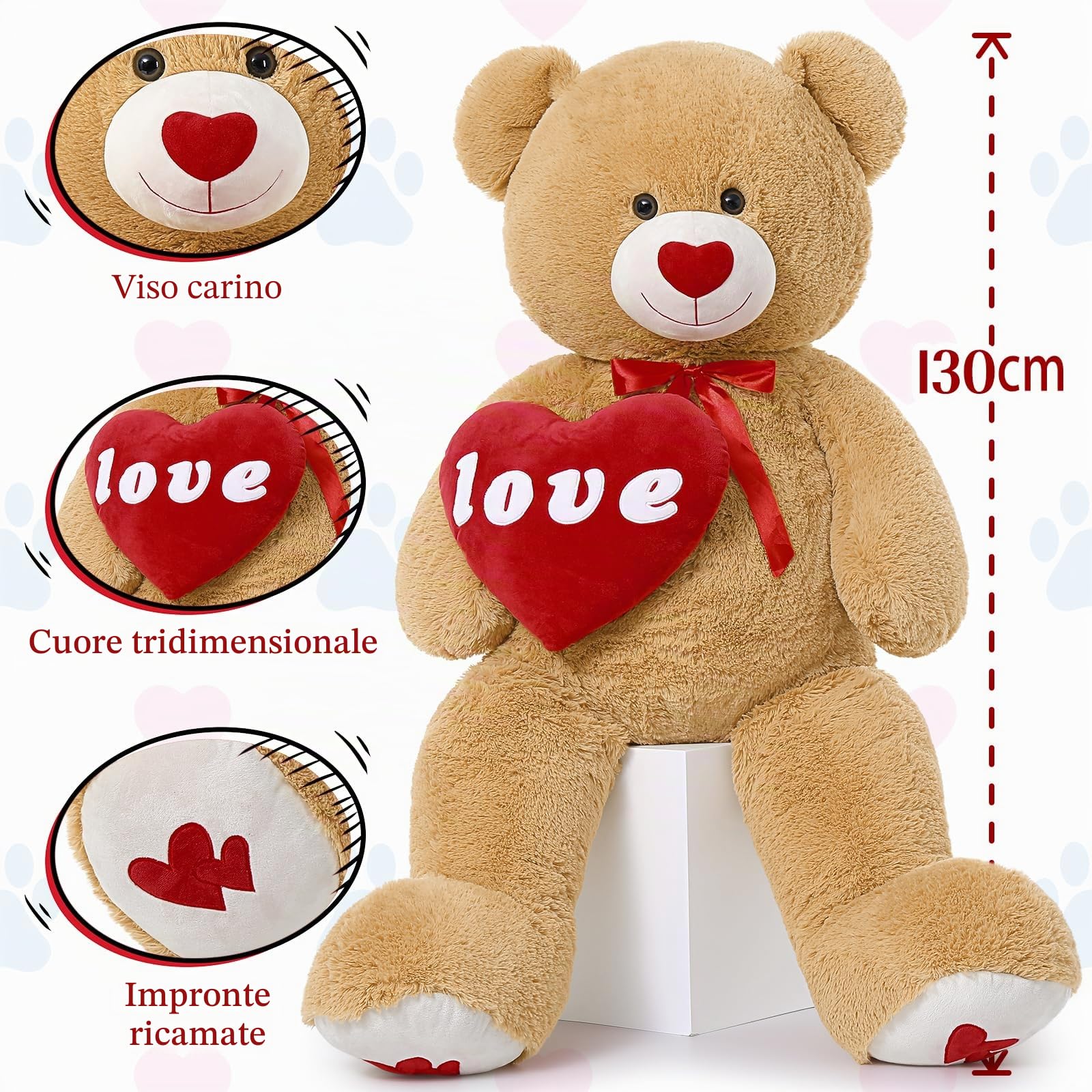 MorisMos 130cm Orso Peluche Gigante con Love, XXL Marrone Orsacchiotto Peluche Grande Kawaii Orsetto Pupazzo Teddy Bear Regalo per Bambino Fidanzata Lei Lui Compleanno Decorazioni