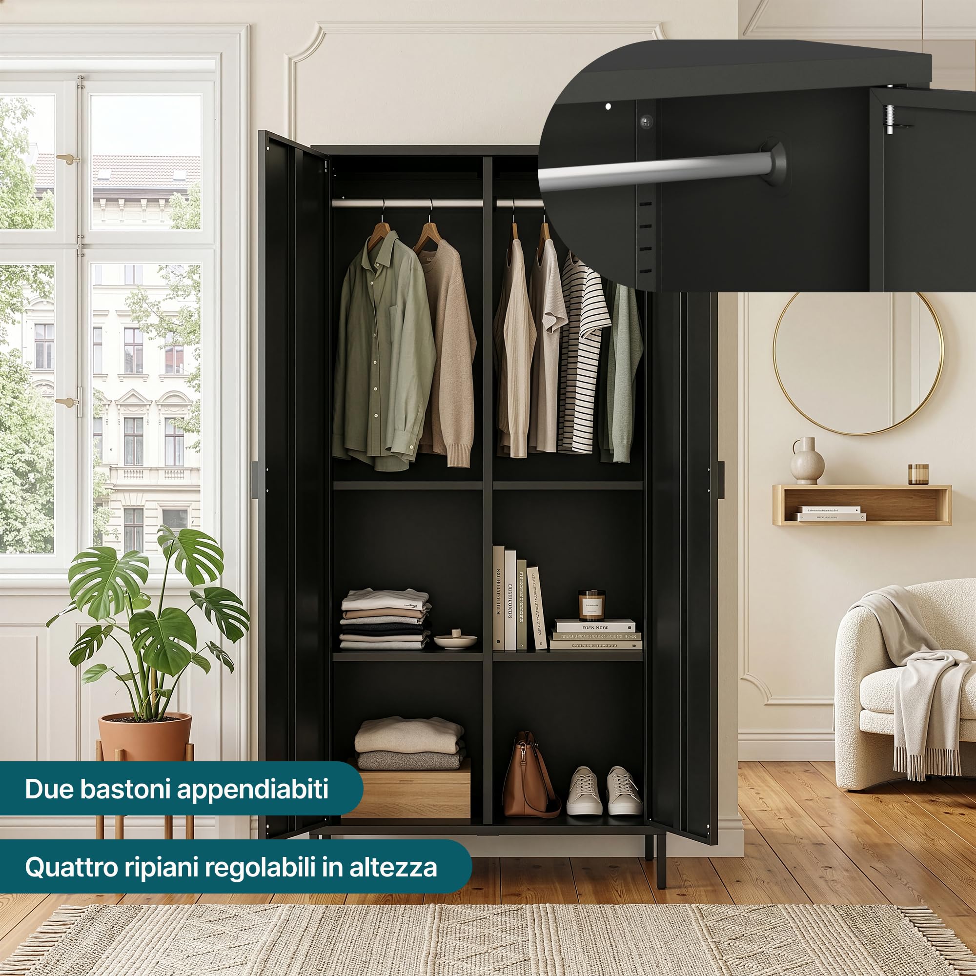 [en.casa] Armadio Guardaroba a 2 Ante e 2 Barre Aste Appendiabiti Armadio in Acciaio con Vano Portabiti e 4 Ripiani Regolabili per Camera da Letto Ingresso 170 x 80 x 45 cm - Nero