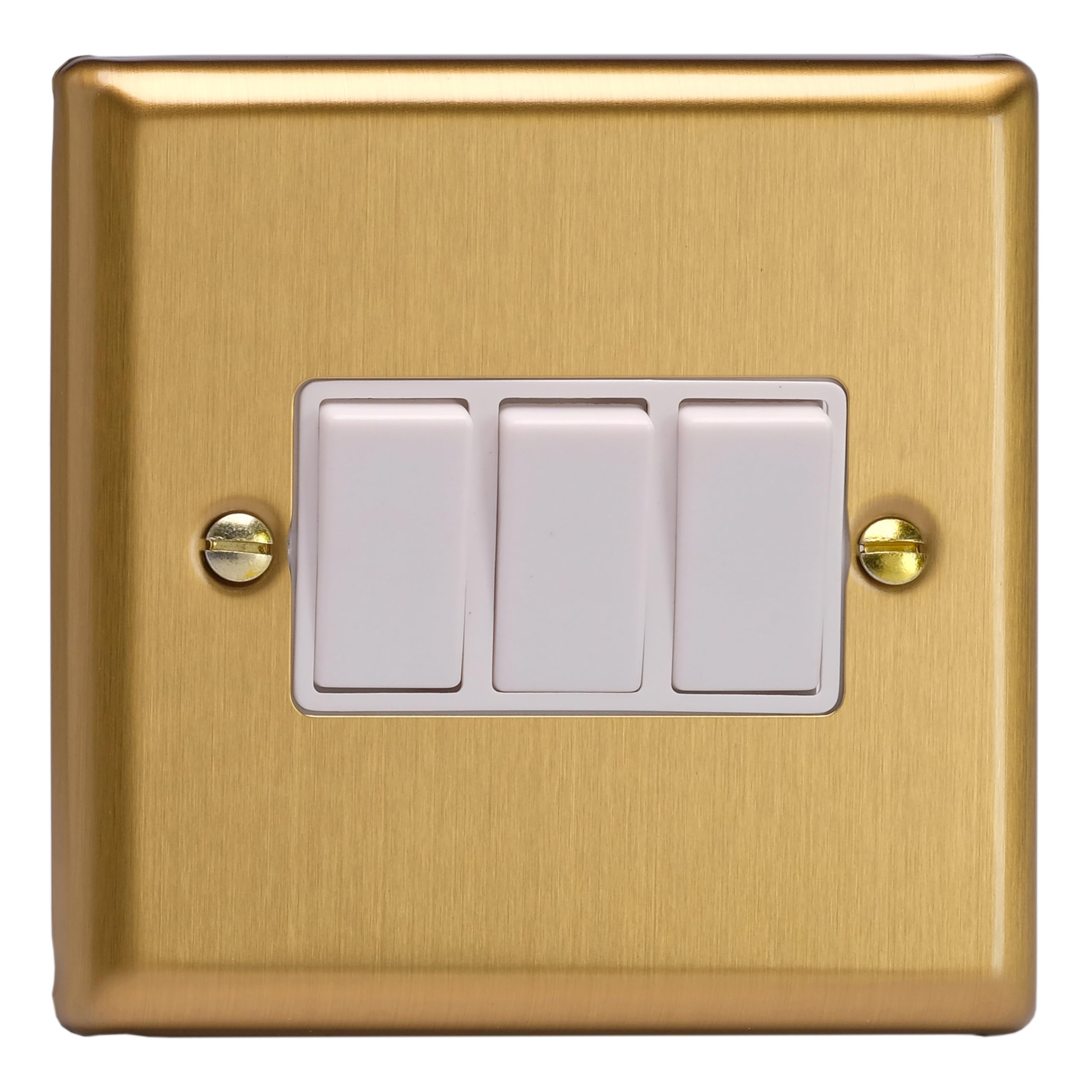 Varilight XB3W Triple Light Switch, 10A, 3-Gang, 2-Way, Classic Brushed Brass + White Insert