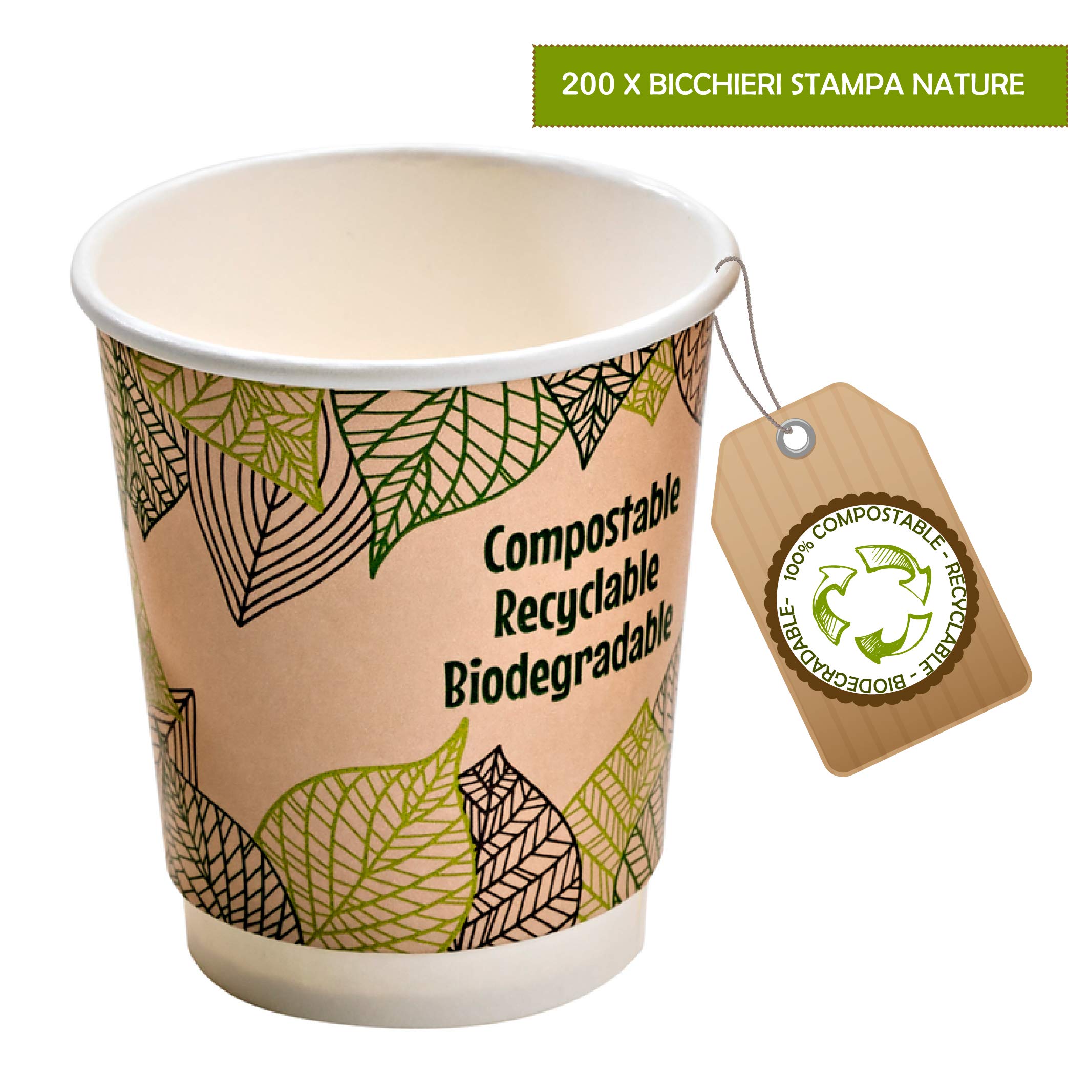 Vasos desechables de 230 ml, biodegradables, reciclables y compostables, de papel kraft con pared de doble capa para capuchino, agua o bebidas calientes y frías.