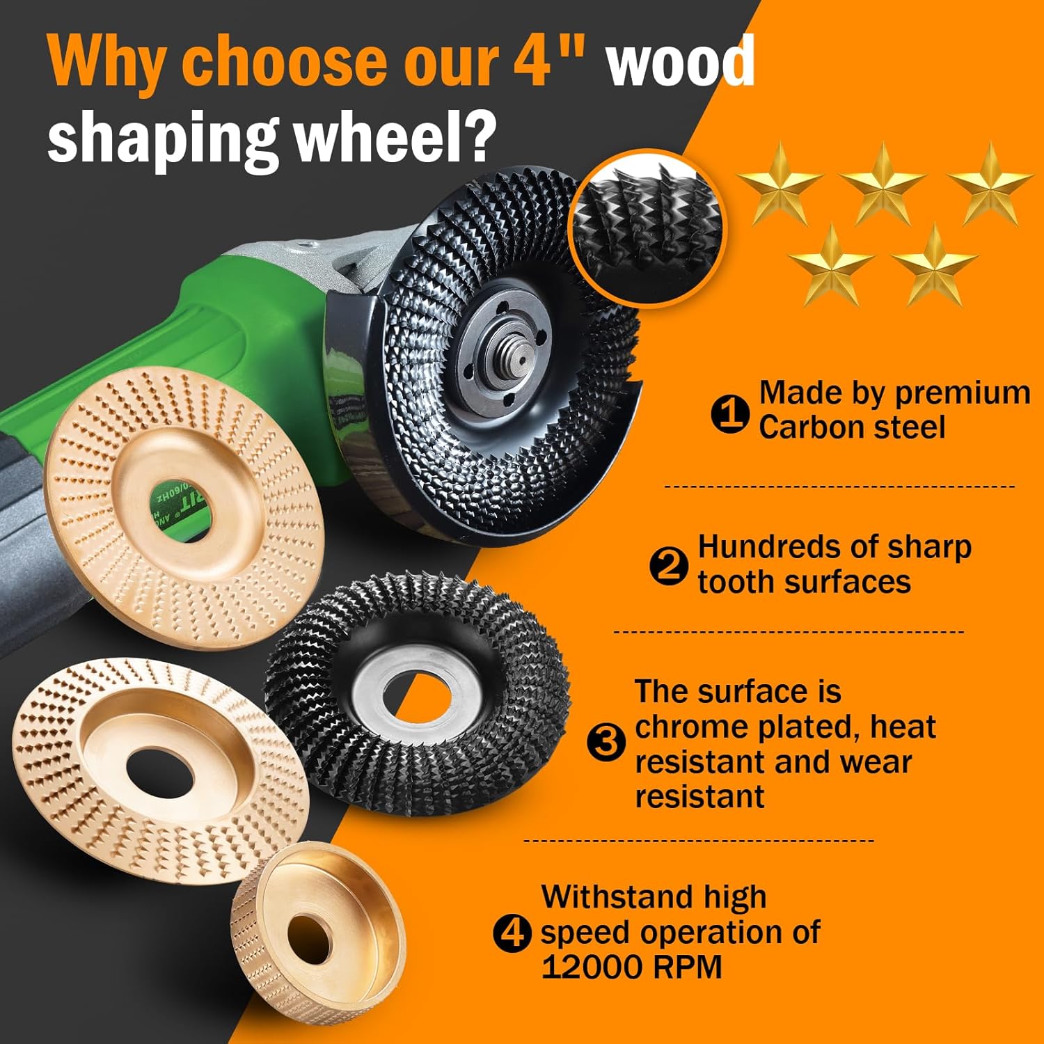 5 Pack Wood Carving Disc Set,4 Inch Angle Grinder Wood Carving Disc with 5/8 inch Arbor, Angle Grinder Attachments for Wood Cutting,Shaping, Sanding & Finishing Wood, Stump, DIY Woodworking