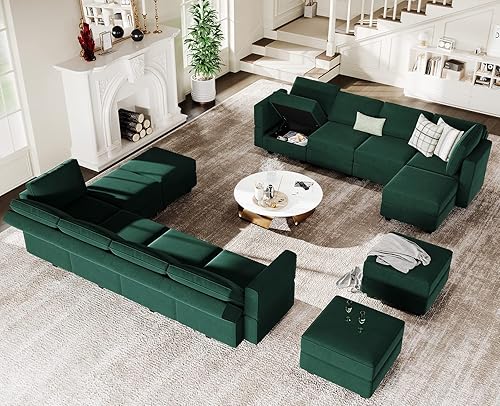 Miniatura 5 de Belffin - Sofá cama modular con otomanas, de terciopelo, reversible y con asiento con almacenamiento, color verde, forma de L-1 Negro