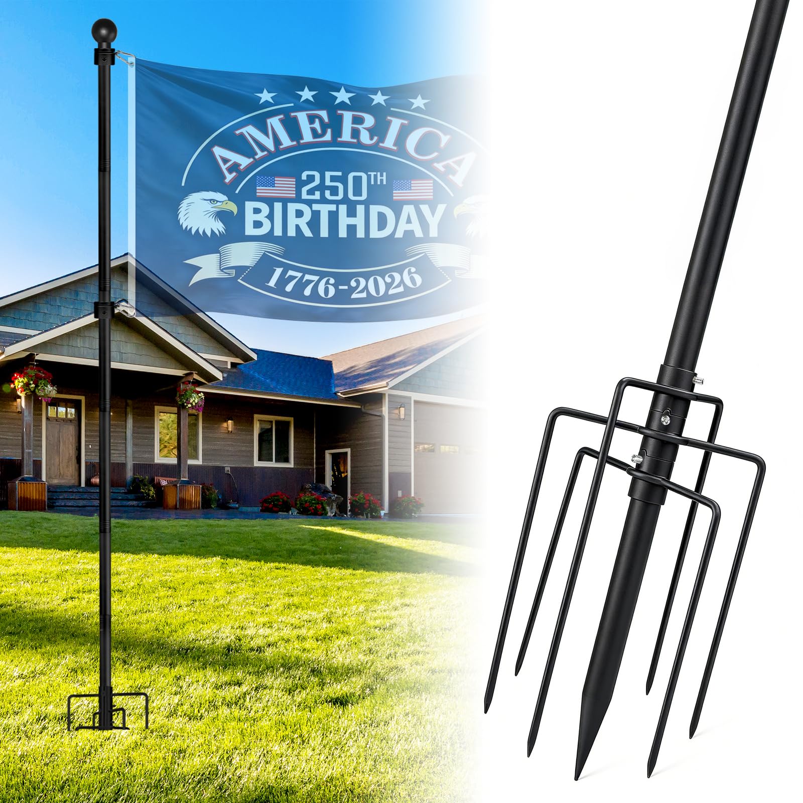 Mástil de bandera enterrado de acero inoxidable 304 con base de 7 puntas, poste de bandera enterrado extra grueso resistente, mástil de bandera de 1 pulgada para casa exterior, patio, jardín
