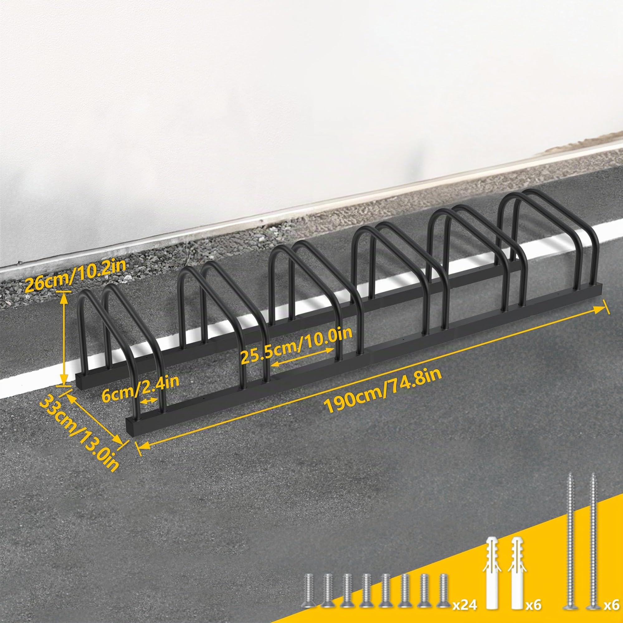 HENGMEI Fahrradständer Für 6 Fahrräder Stahl Mehrfachständer Radabstand für 30-65mm Reifenbreite Bügelparker Fahrradparker Boden Wand Montage Fahrradhalter, Schwarz
