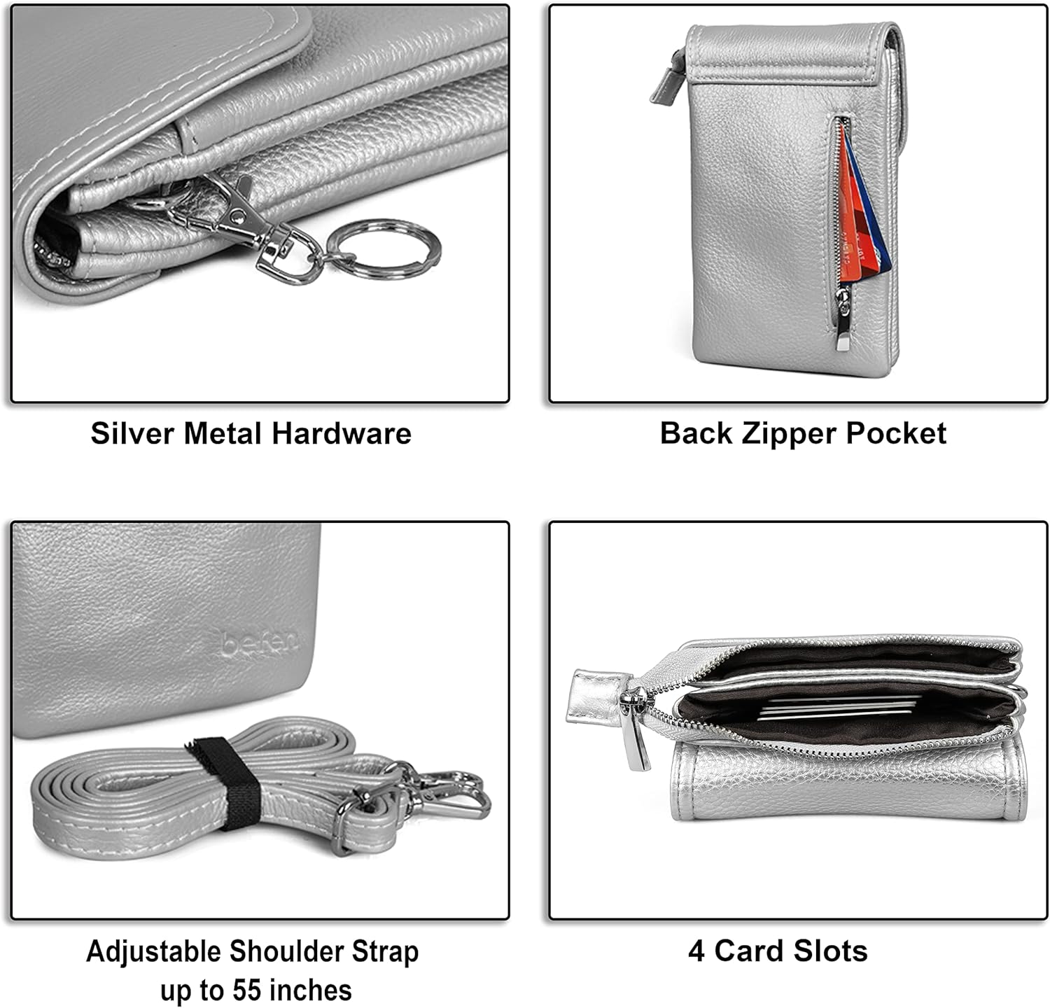 befen Genuine Leather Small Crossbody Bags for Women Cell Phone Bag Cross Body Purses,Silver Zipper - Image 4