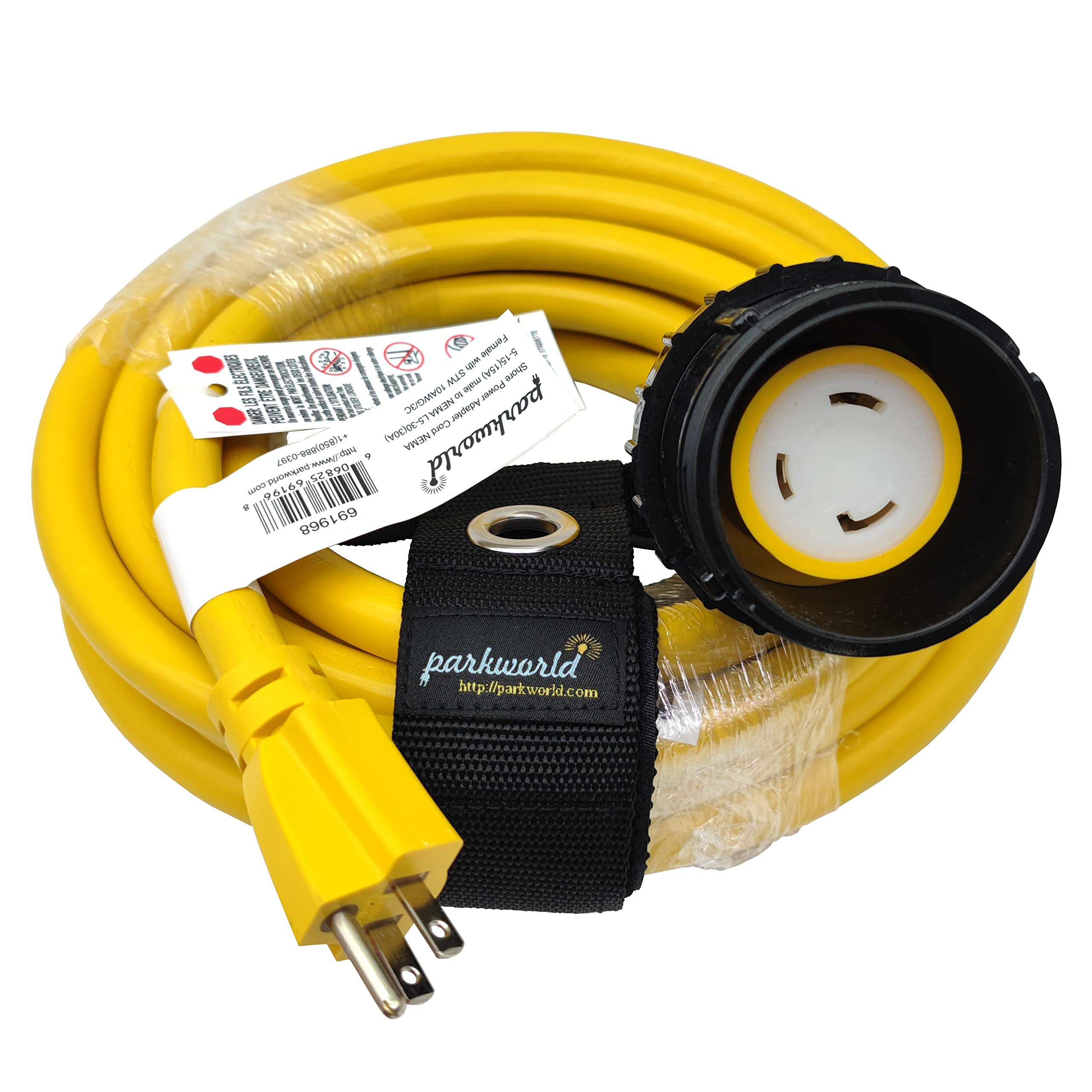 Parkworld 691968 Shore Power Adapter Cord Household 15A Male 5-15P to L5-30R RV/Camper/Marine 30A Female with Locking Ring (25FT)