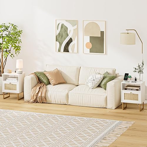 Miniatura 8 de Mesita de noche de ratán con estación de carga, mesita de noche bohemia de madera con almacenamiento y estante abierto, mesa auxiliar auxiliar para