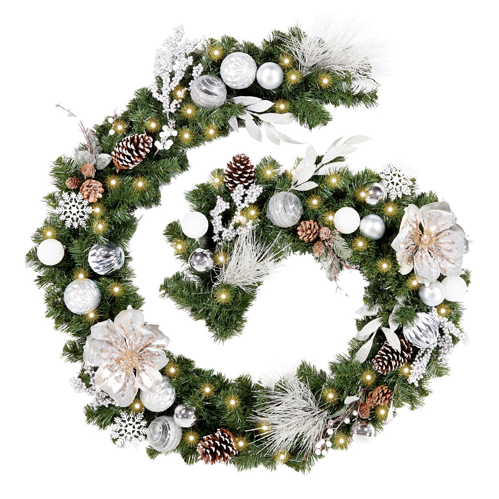 WBHomePre-lit 9 Feet/108 Inch Christmas Garland, White & Silver Lighted Garland with 50 LED Lights for Indoor Outdoor Xmas Decor Holiday Decorations, Battery Operated (Batteries NOT Included)