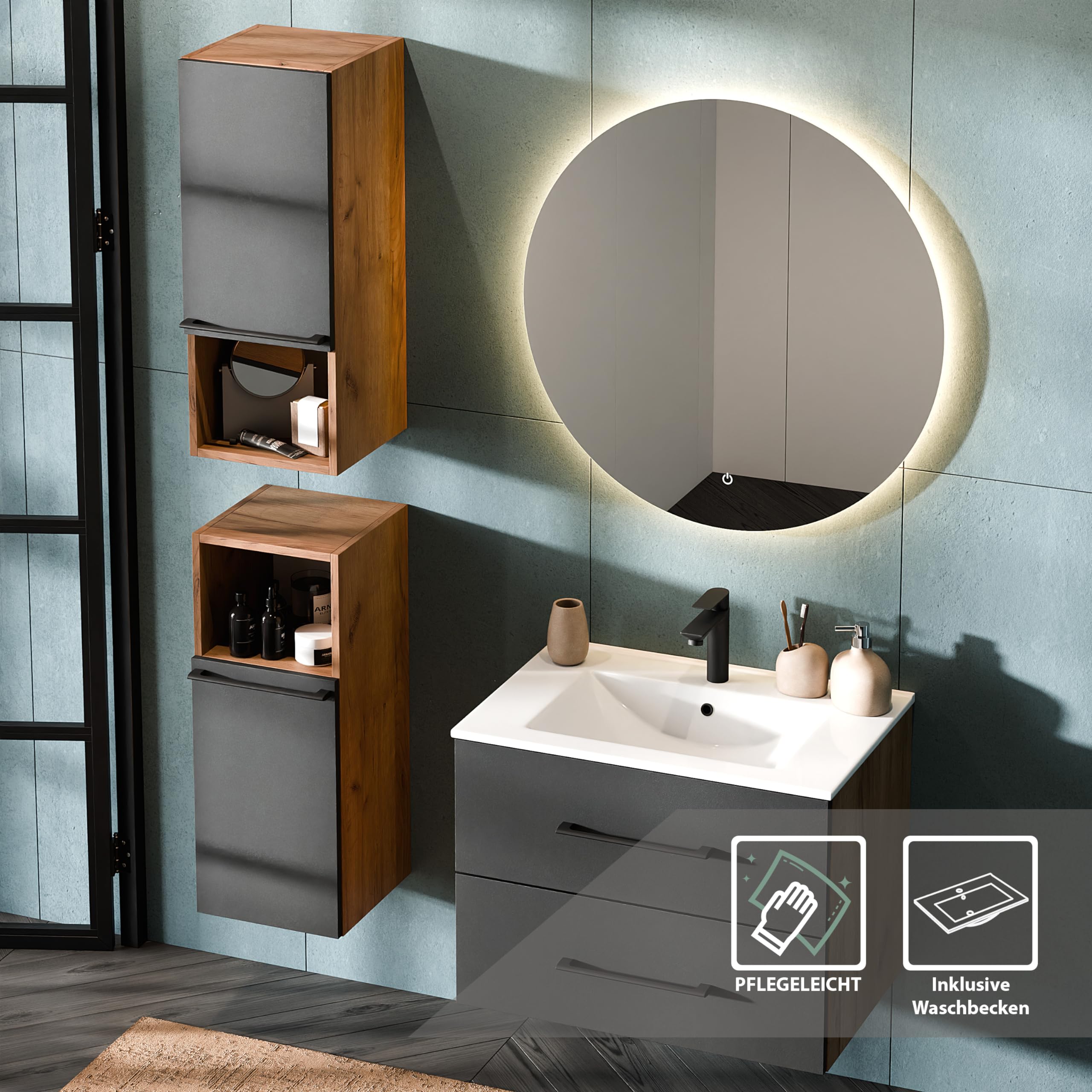 Planetmöbel LUX Badmöbel Set Waschtisch mit Waschbecken 70 cm, Keramik Waschbecken mit Unterschrank, 2X Midischrank 75 cm, Gold Eiche/Anthrazit