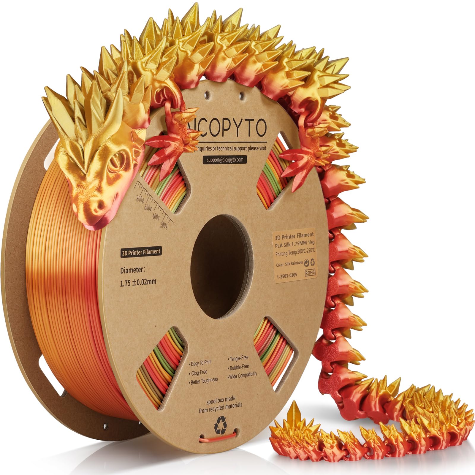 AICOPYTO Silk Rainbow PLA Filament 1.75mm, 3D Printer Multicolor PLA Filament, Color Changing Filament Dimensional Accuracy +/-0.02mm 1KG Spool (2.2