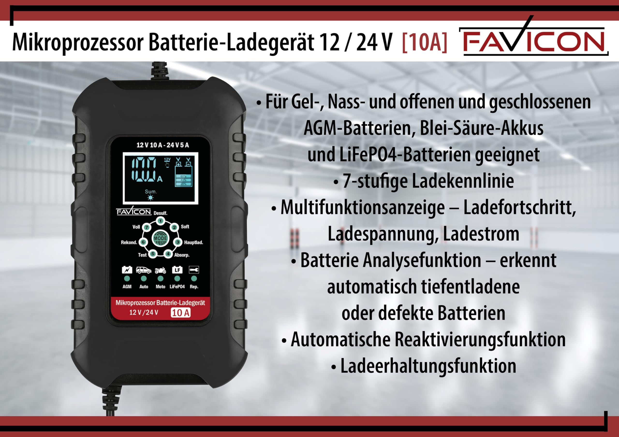 FAVICON Cargador de batería 12 V/24 V – 10 A | Cargador inteligente para baterías AGM, gel, húmedo y ácido de plomo | Tecnología de carga de 7 niveles, análisis de batería y carga de mantenimiento