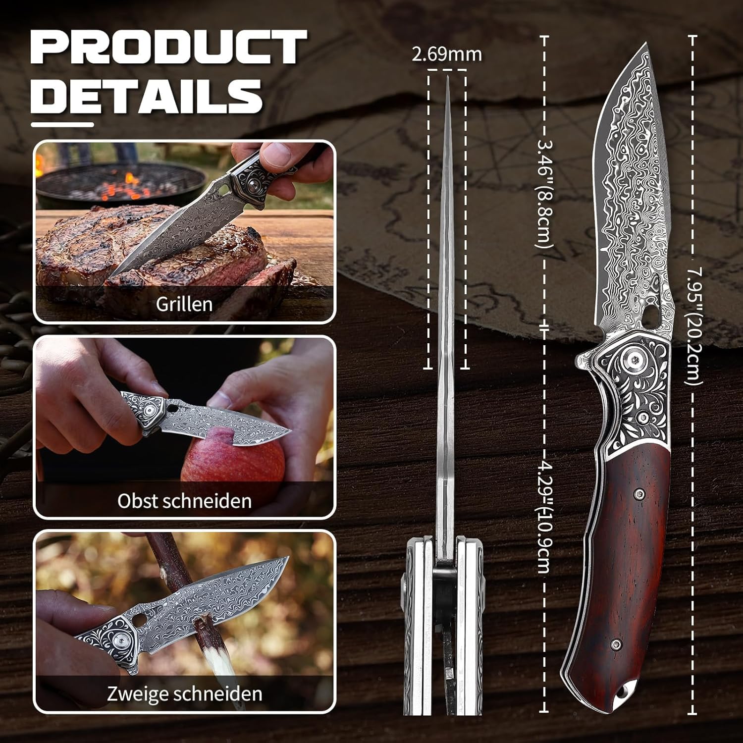Omesio Damast VG10 Stal Scyzoryk EDC Drewniana Rękojeść Etui | Scyzoryk EDC ze stali damasceńskiej VG10, drewnianą rękojeścią i skórzaną pochwą, do campingu, wędrówek i outdoor
