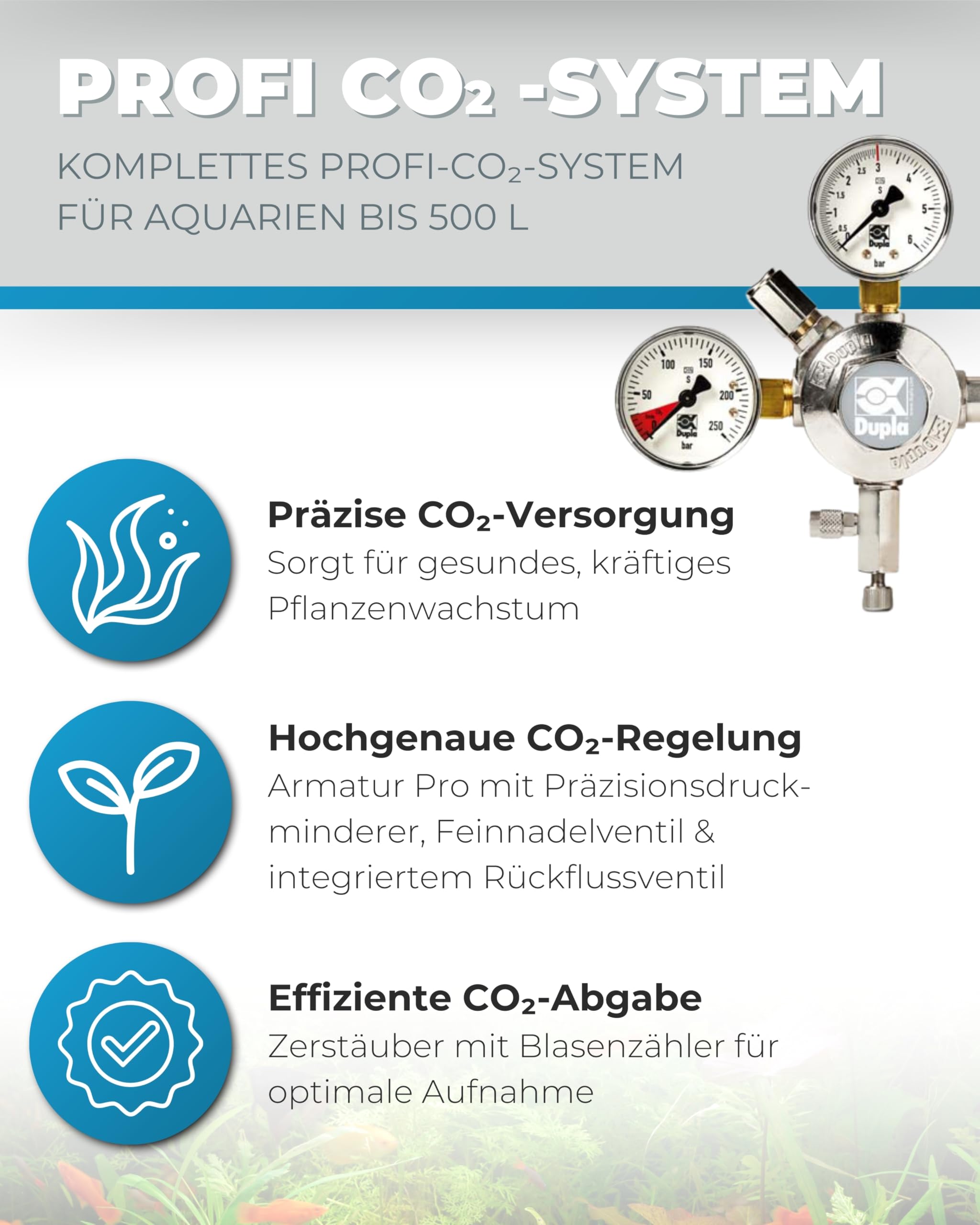 Dupla Profi CO2-Set 500 I Professionelles CO2-System für Aquarien bis 500 l I Präzise CO2-Anlage mit Armatur Pro, Aktiv-Reaktor, Dauertest, Silikonschlauch und Plant 24 Dünger