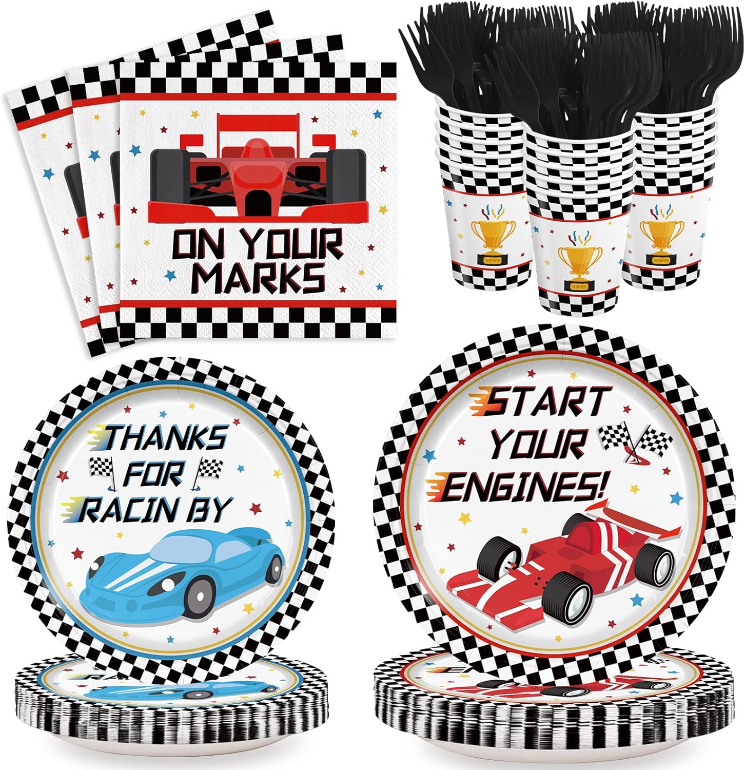 120pcs Racing Car Party Plates Napkins Checked Race Car Birthday Supplies Boys Kids Disposable Tableware Set Paper Cups Forks for Race Car Theme Party Decorations,24 Guests