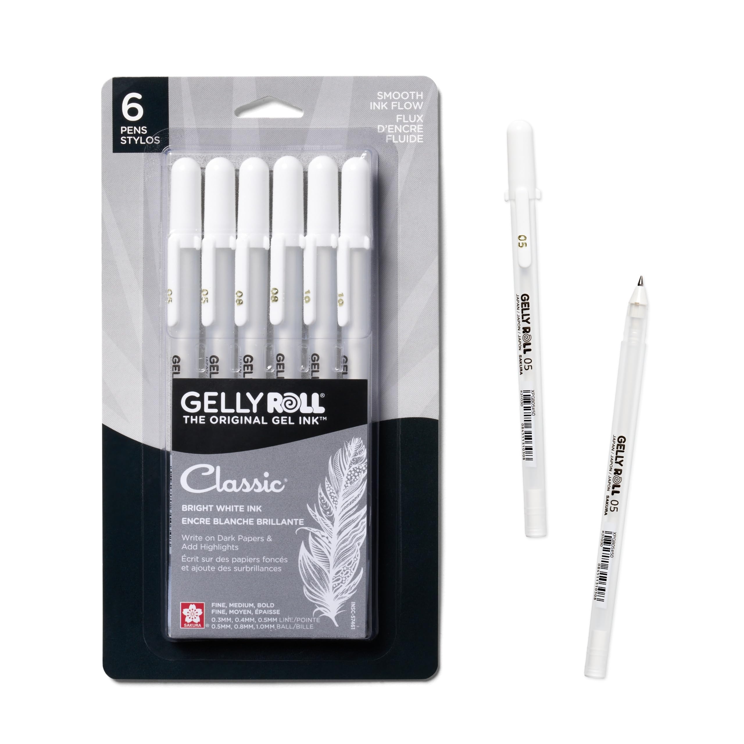 SAKURA Gelly Roll Gel Pens - Fine, Medium & Bold Tip Ink Pens for Journaling, Art, or Drawing - Classic White Ink - 05/08/10 Assorted Tip Sizes - 6 Pack