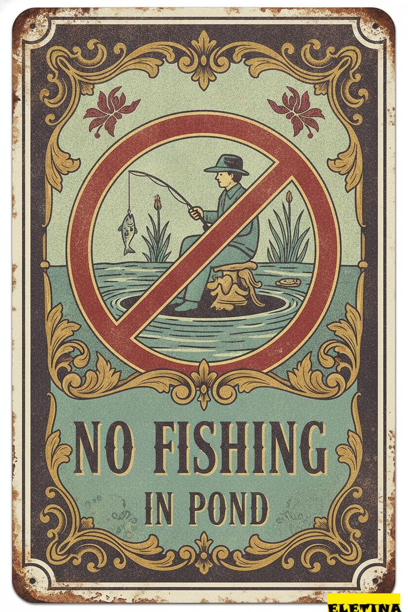 No Fishing In Pond Warning Tin Sign, 8x12 Inch Yard