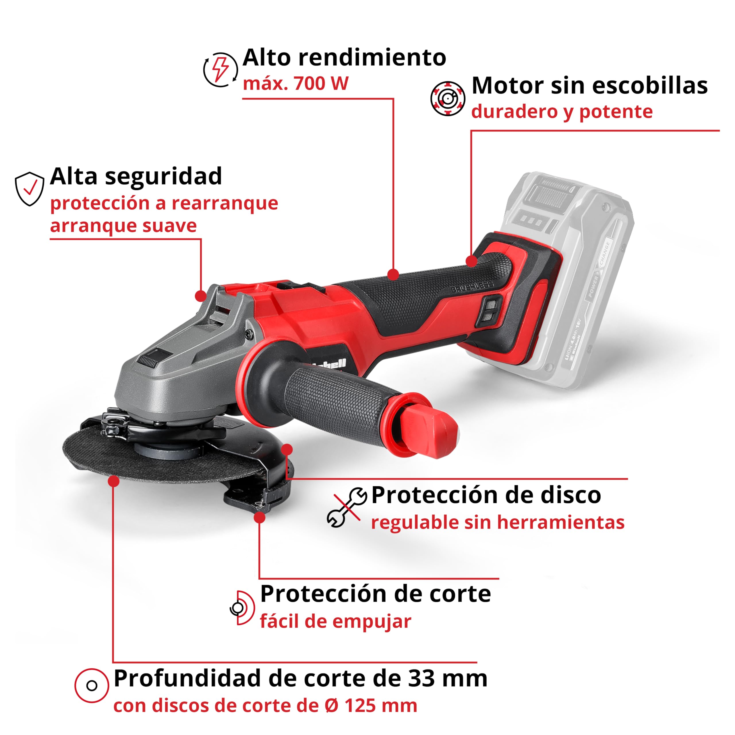 Einhell Professional Amoladora angular con batería AXXIO 18/125 Power X-Change (18 V, 700W, Ø de disco de 125mm, 33 mm de profundidad de corte, sin escobillas, sin disco de corte, sin batería)