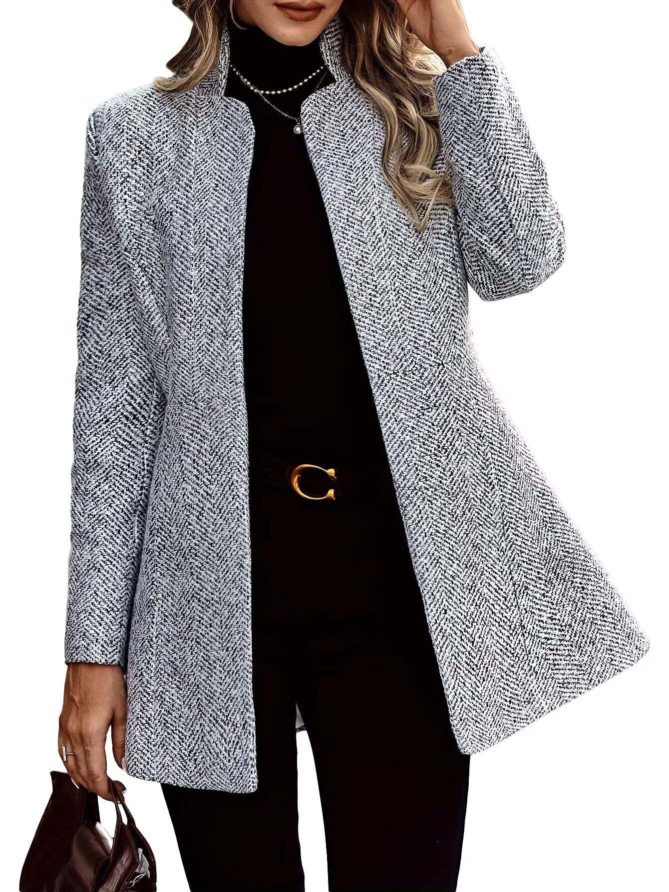 Womens Open Front Tweed Blazer Business Casual Notch Neck Long Sleeve Blazers Slim Fit Work Jackets