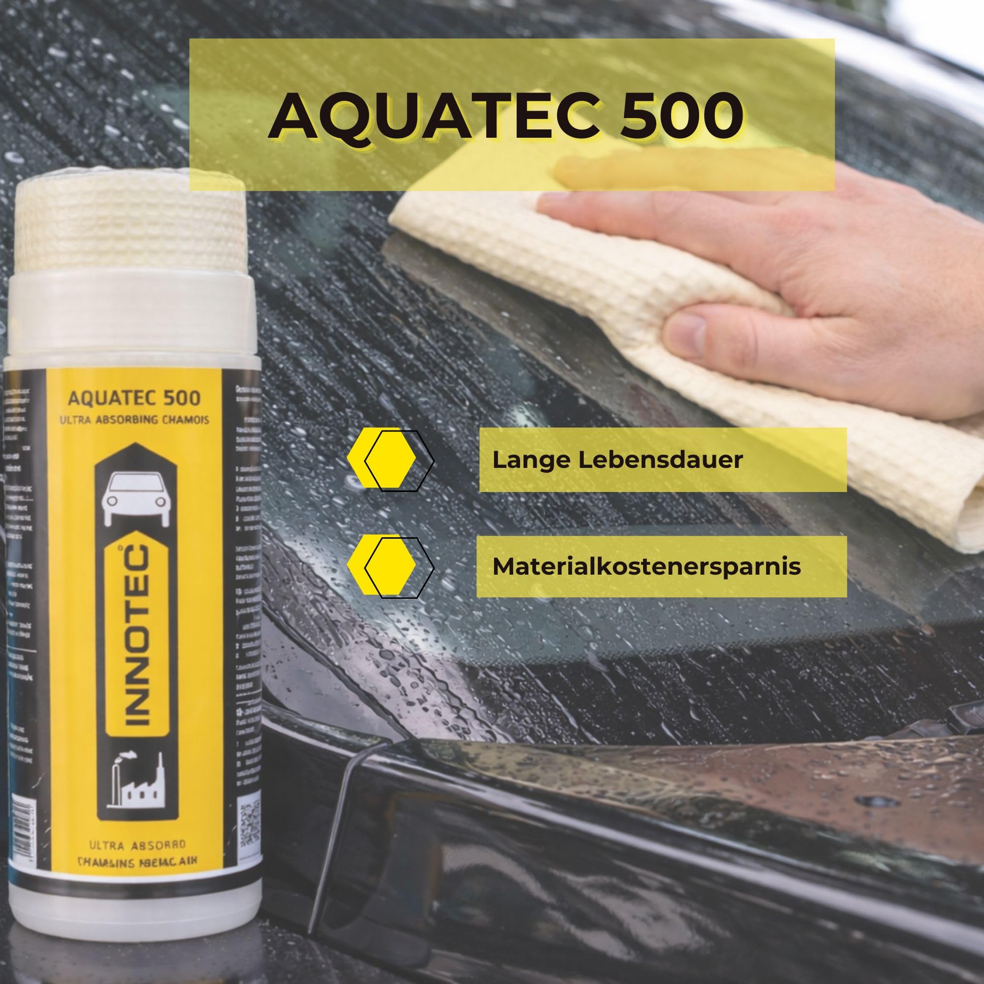 4 Stück INNOTEC Aquatec 500 – Ultra Absorbierende Leder-Trockentuch-Chamois für Auto, Motorrad & Kfz-Lack – streifenloses Trocknen auf Chrom, Glas & lackierten Flächen nach der Fahrzeugwäsche