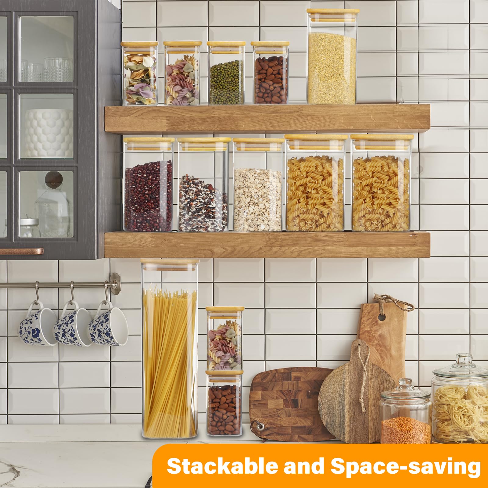 Withosent Barattoli con coperchio, rettangolari, set da 11 pezzi, 2400 ml/1150 ml/700 ml/280 ml, barattoli per spezie con coperchio in legno, barattoli da cucina per spezie, spaghetti, farina