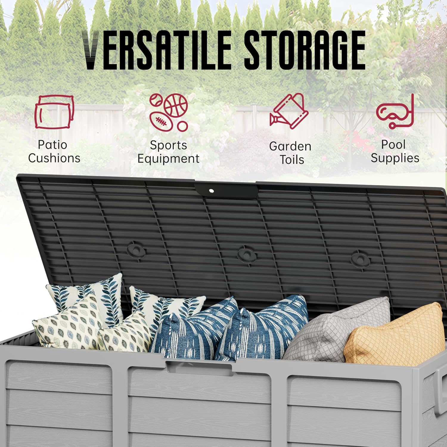 Crownland Outdoor 75 Gallon Storage Deck Box, Weatherproof Woodgrain Patio Storage Box for Balcony, Garden, Backyard (Grey)