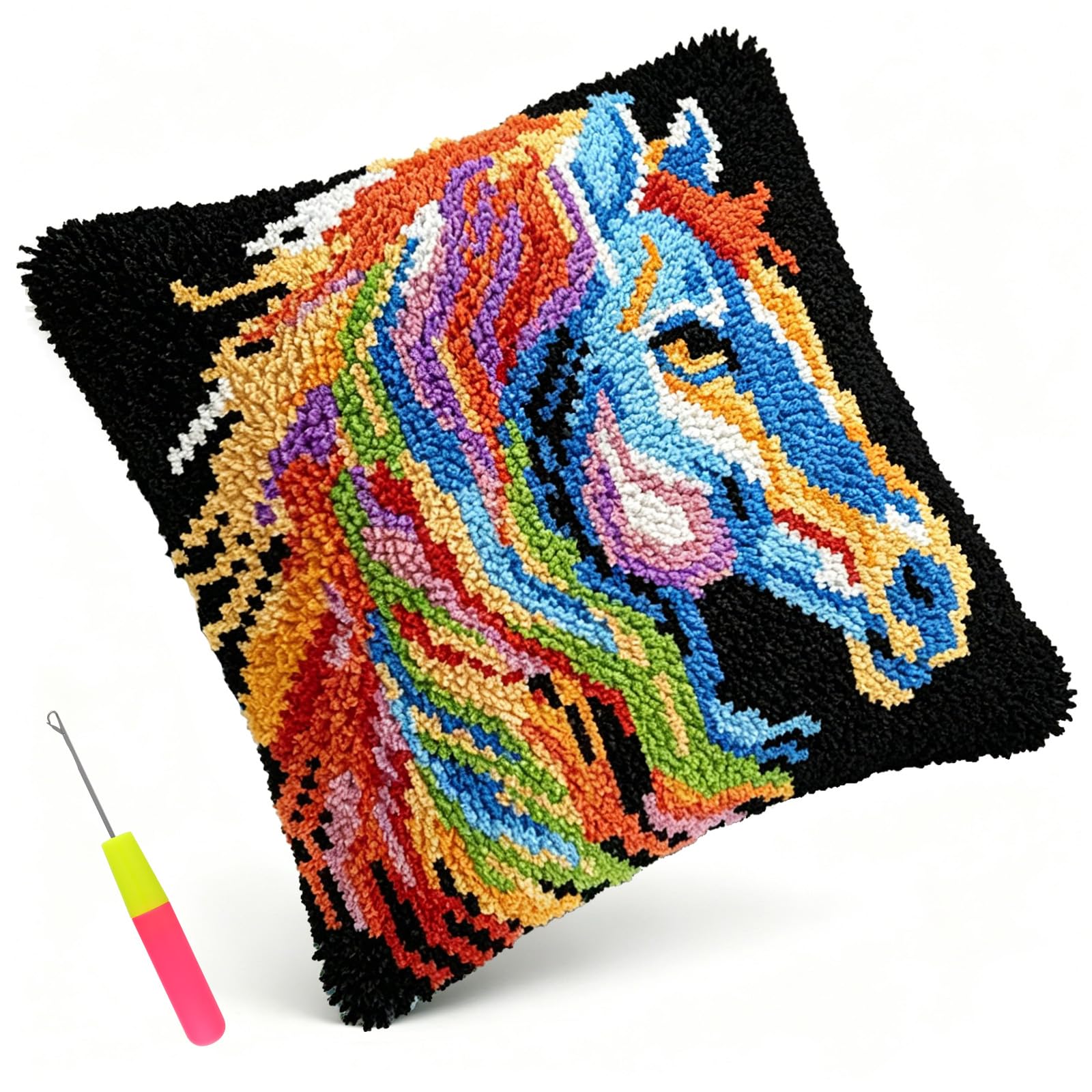 Eyoulife Latch Hook Pillow Kit 17x17in DIY Crochet Cushion Cover with Yarn Hook Handmade Craft Present for Adult Beginner(colour-1-Horse)