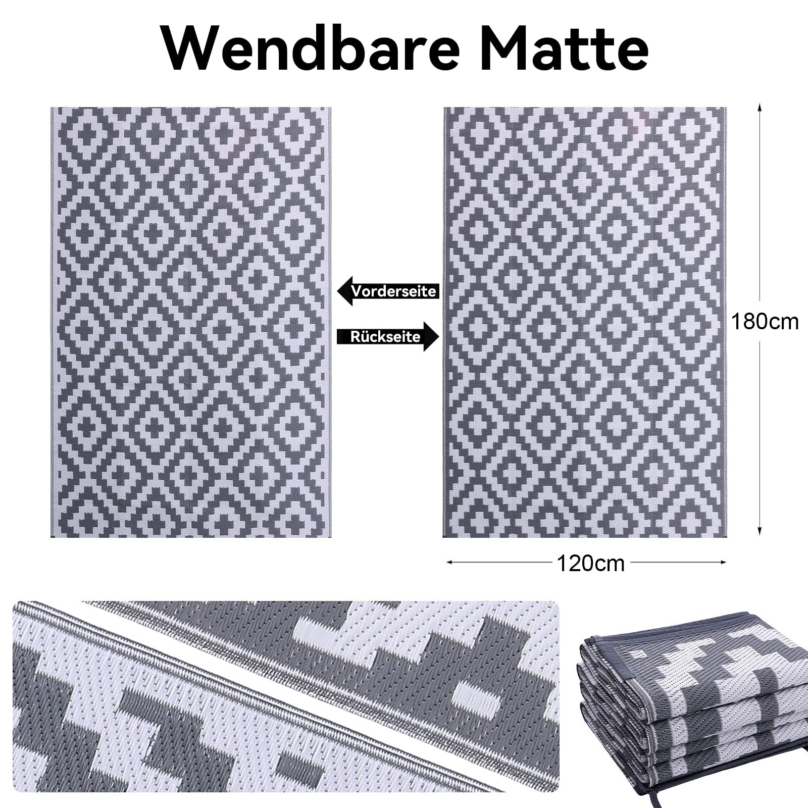 Homaxy Outdoor Teppich Wetterfest, Kunststoff Stroh UV-beständig Wendbar Faltbar Waschbar Balkon Garten Teppich für Terrasse Camping Picknick (120 x 180 cm, Grau & Weiß)