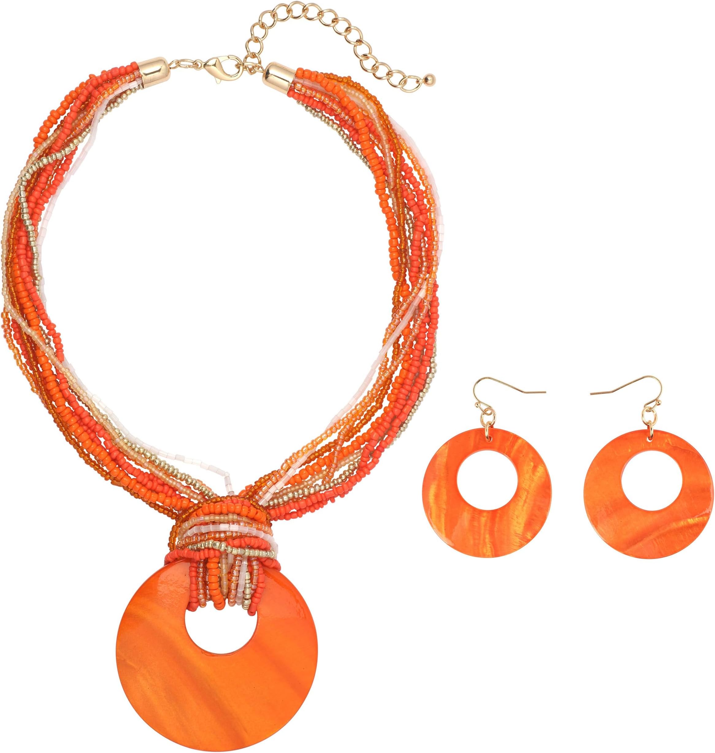 Multi Strand Statement Colorful Beaded Necklace with Big Circle Shell Pendant for Women