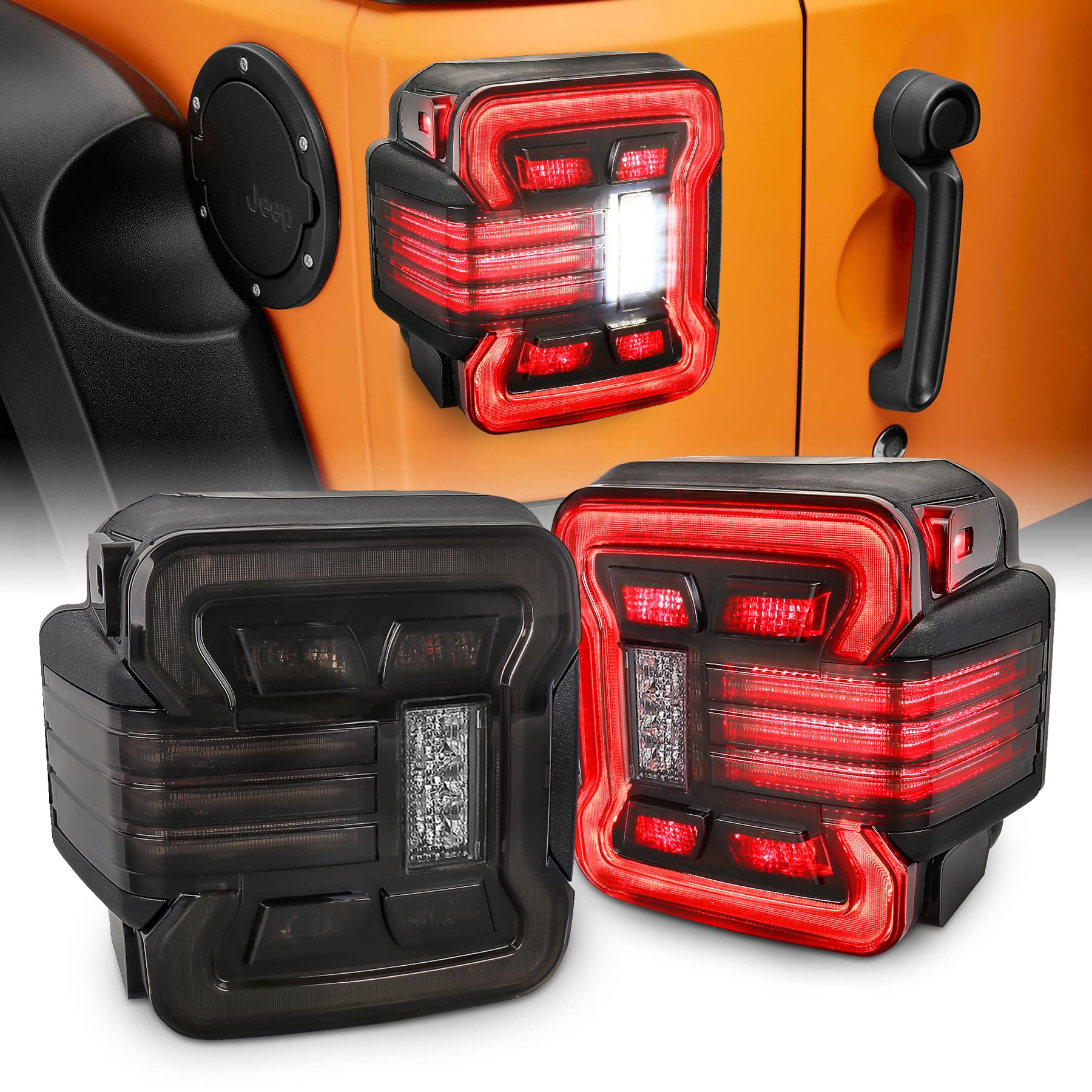 Smoke JK Tail Lights, LED Tail Lights with Welcome Light Turn Signal Reverse Brake Rear Back Up Lights Compatible with Jeep Wrangler JK/JKU 2007-2018