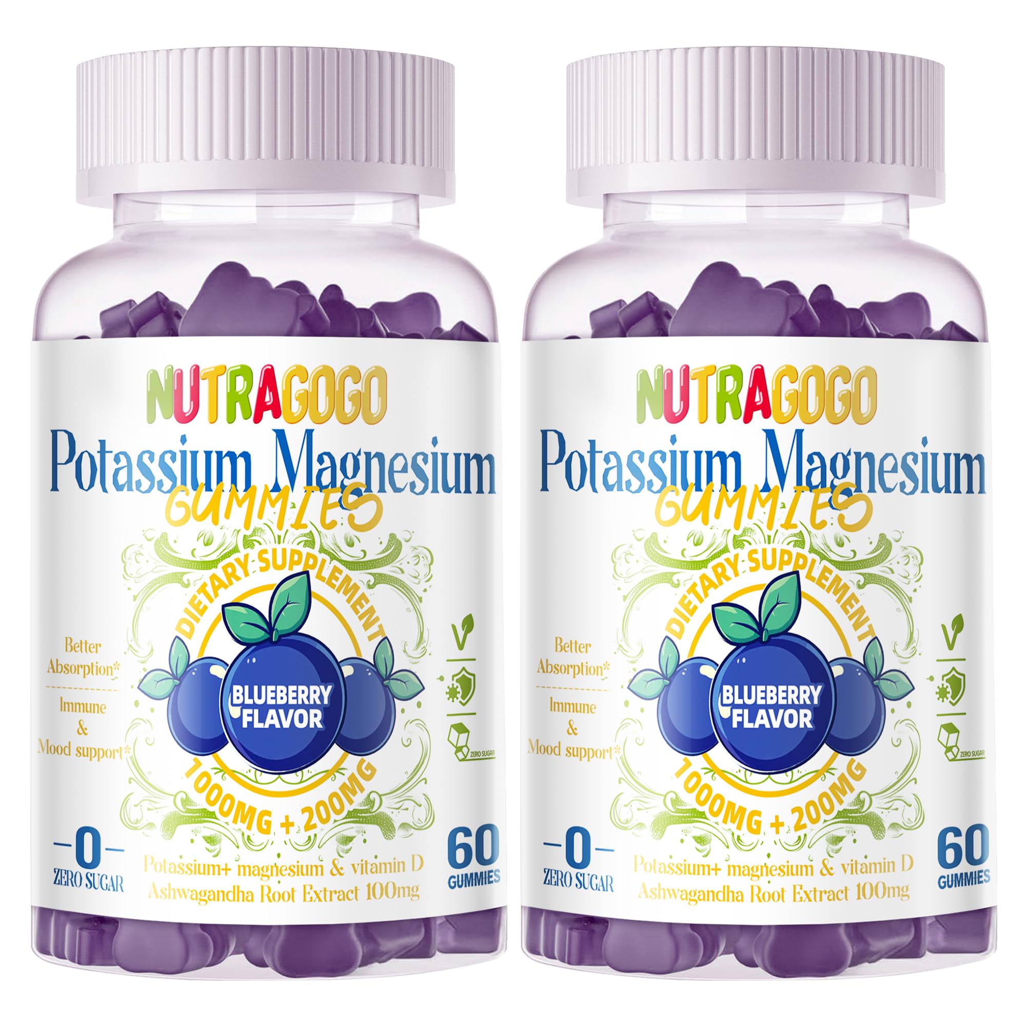 Potassium Magnesium Gummies,Potassium Supplement w/Ashwagandha,High Absorption Magnesium Glycinate,B6,D3,Potassium Citrate for Leg Cramps,Muscle,Electroyte for Adults Kids,Sugar-Free, 120 Gummies 60 Count (Pack of 2) Blueberry