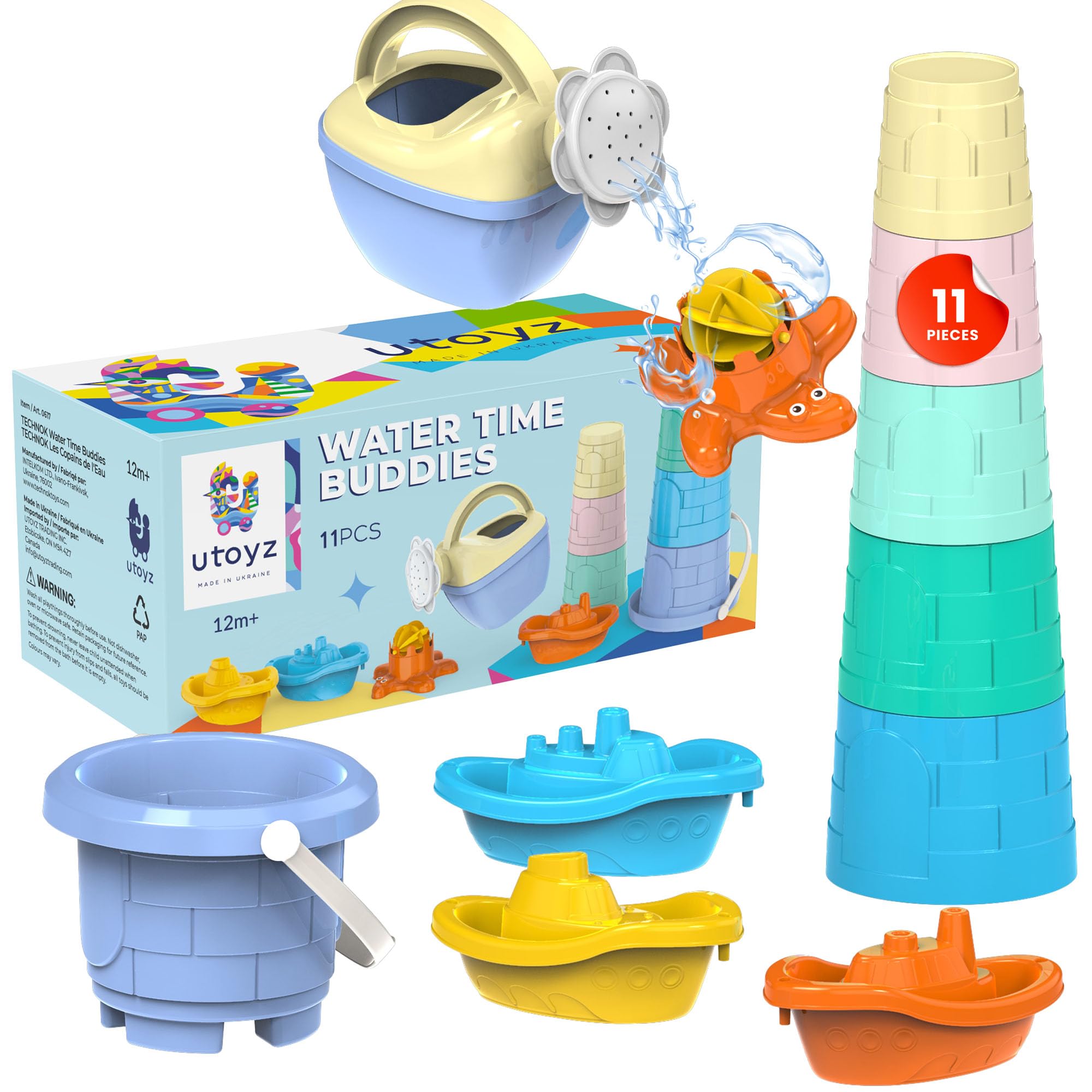 uToyz Water Time Buddies – 11pcs Toddler Water Toy Set with Watering Can, Boats, Toy Animals, Stacking Cups & Buckets, Toddler Bath Toys for 1+, Kids