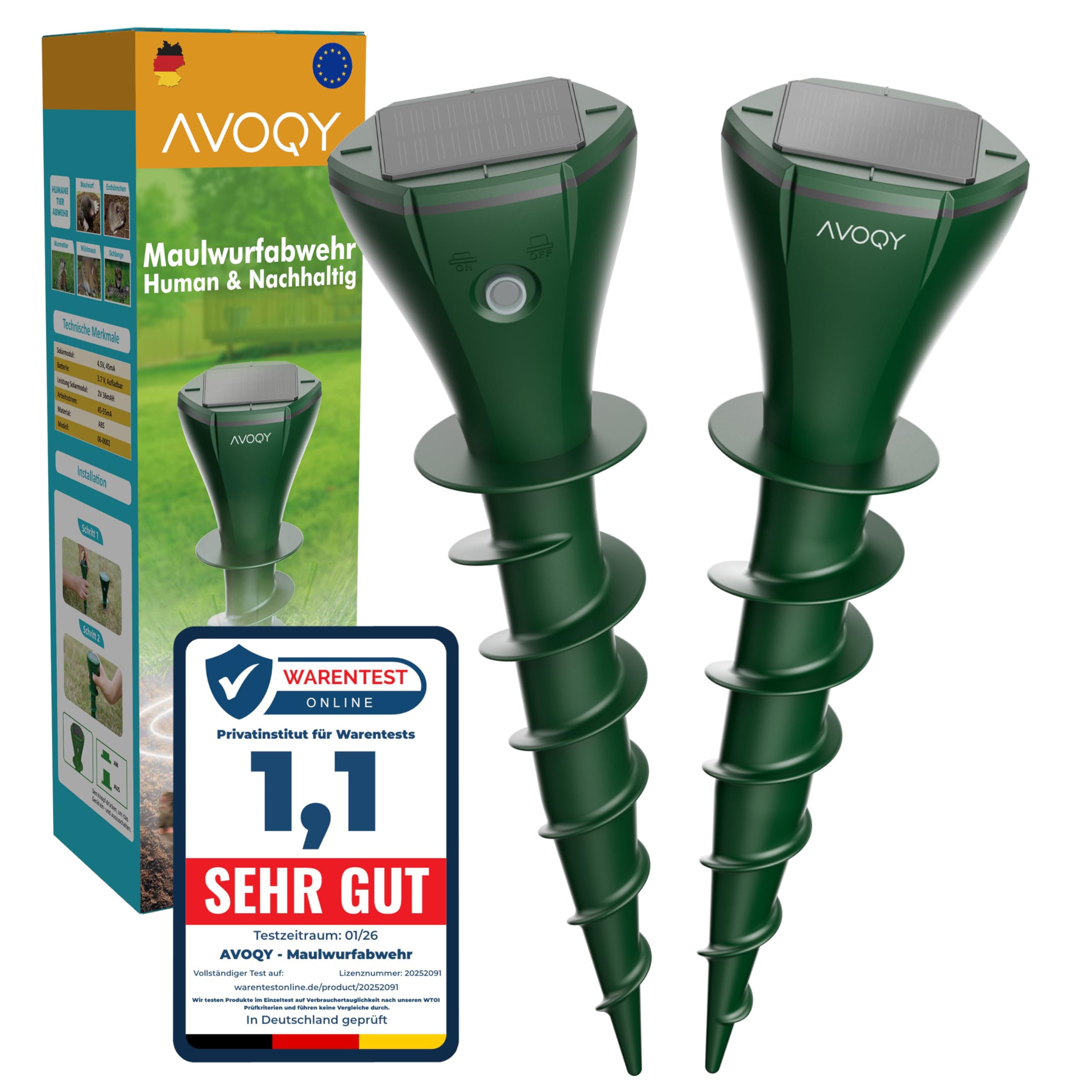 AVOQY Maulwurf Vertreiber Solar [2er Set] – Ultraschall & Vibrations Maulwurfschreck gegen Maulwürfe und Wühlmäuse, IP65 Wasserdicht, Wetterfest & Tierfreundlich für Garten und Rasen