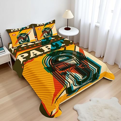 Ambesonne Jukebox Sheet Set, Digital Retro Print Party Themed Old Antique Music Radio, Fitted and Flat Sheet with Pillowcases Bedding Accent 4 Piece