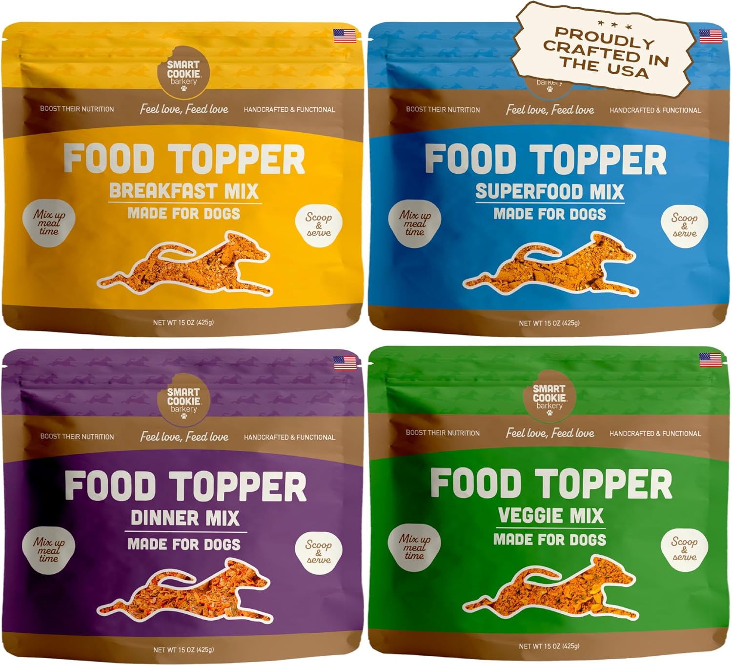 Smart Cookie Natural Dog Food Topper - Variety Pack - Dog Meal Mixer for All Ages - Food Topper for Picky Eaters and Boosting Nutrition - Includes Egg, Beef, Veggie & Salmon - 15 oz Each (4 Pack)