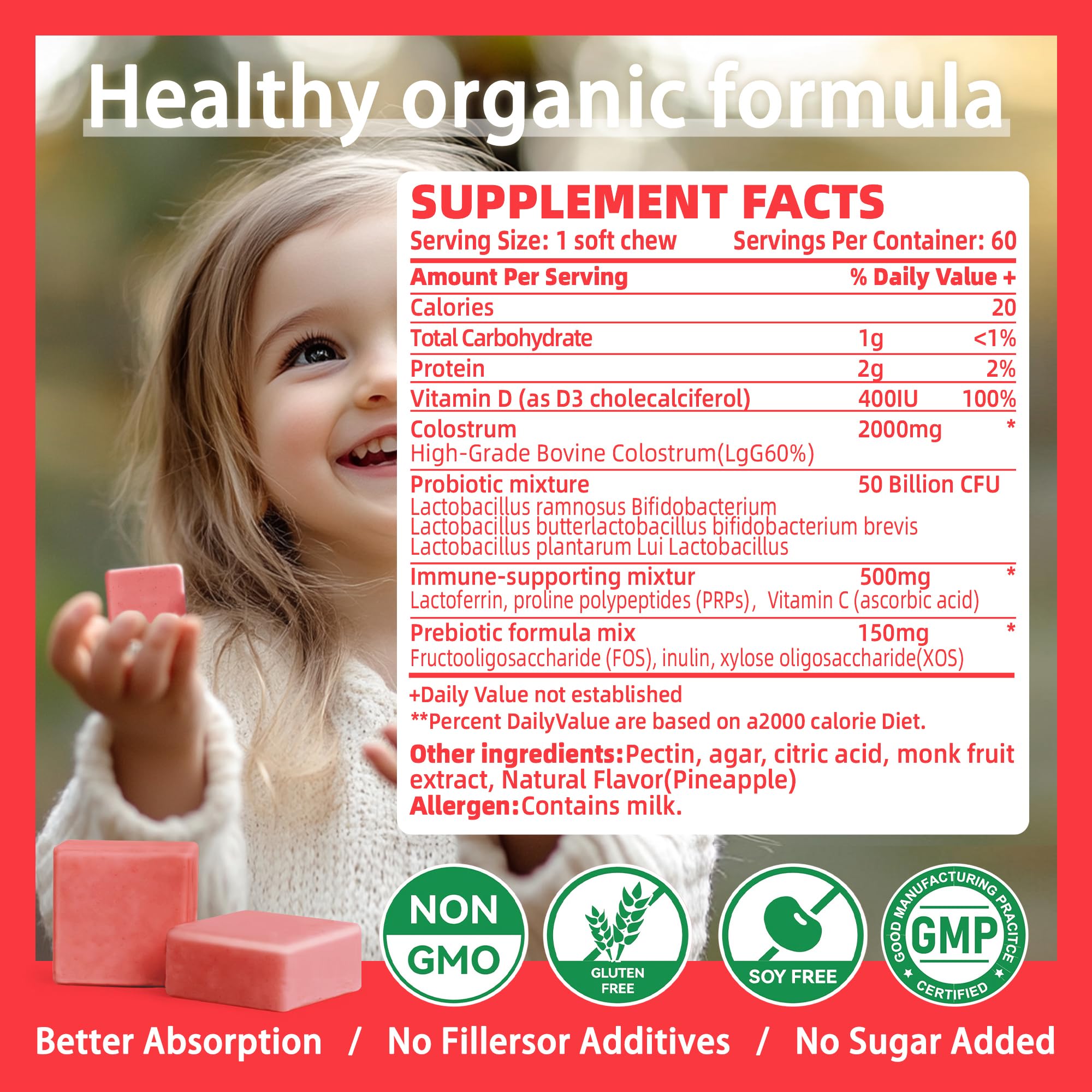 Bovine Colostrum Chews Supplement with probiotics for Gut Health, Bloating, Immune Support, Skin, Hair Growth and Beauty - Strawberry Flavor (60 Servings)