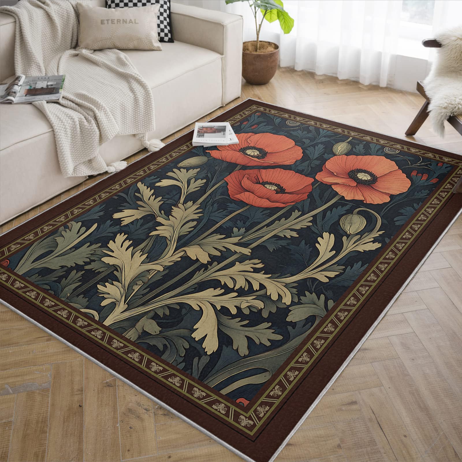 Zmywalny dywan 120 x 150 dywaniki do sypialni antypoślizgowe rośliny retro kuchnia ultra miękki nadruk czerwone kwiaty odporne na plamy niskie włosie wejście salon pralnia w