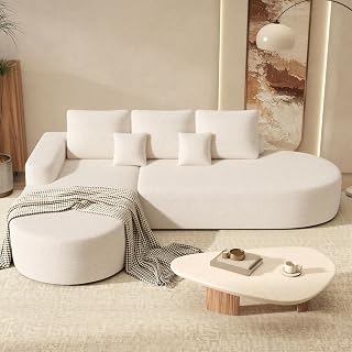 112" Modular Curved Cloud Couch, Oversized Couches for Living Room, Modern Boneless Sectional Sofa with Deep Seat, Chenille Foam Couch, No Assembly Required, Beige, 1PCS