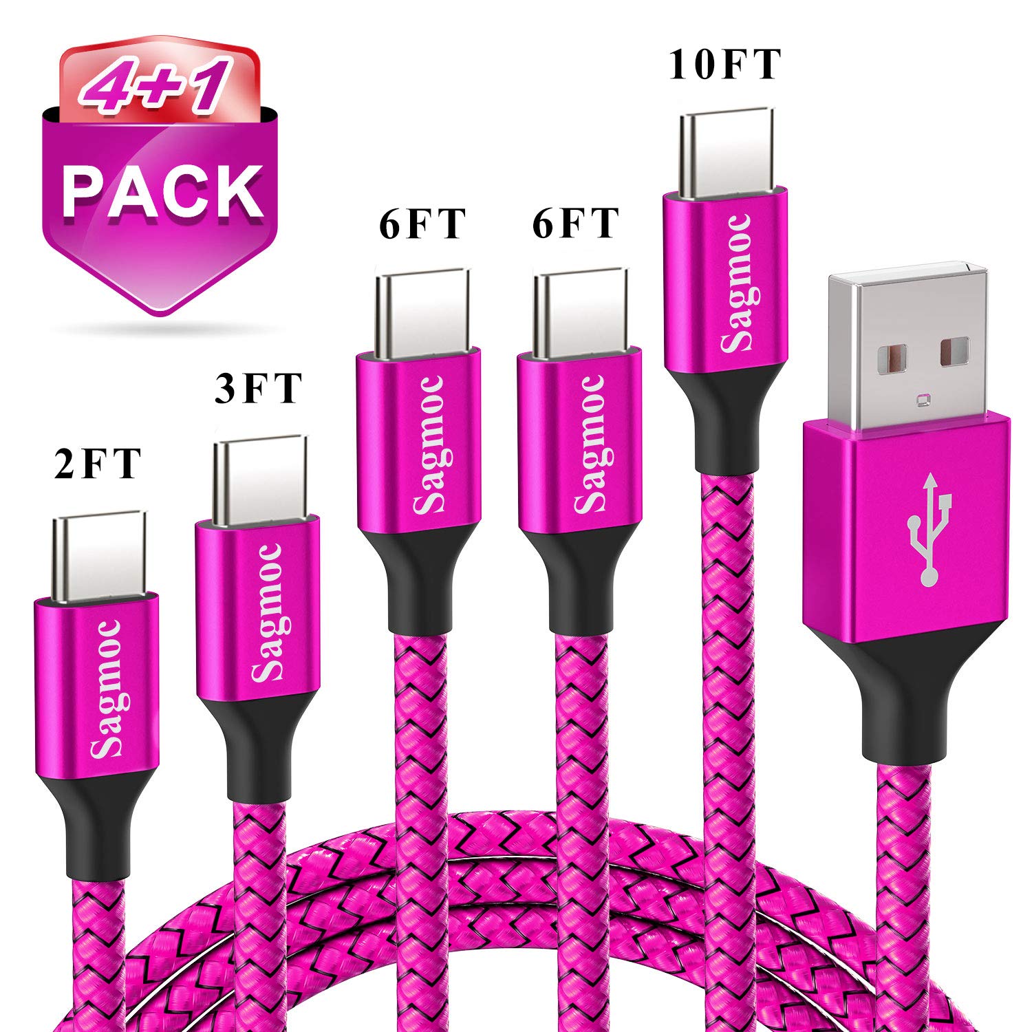 Sagmoc Type C Charger Cable Hot Pink - USB C Charging Cord Compatible for Samsung S10 S9 S8 Plus, Note 8, LG V30 G6 G5, Pixel, Moto Z/Z2, etc,【5 Pack】 10FT 2X6FT 3FT 2FT Nylon Braided（Fuchsia Red）