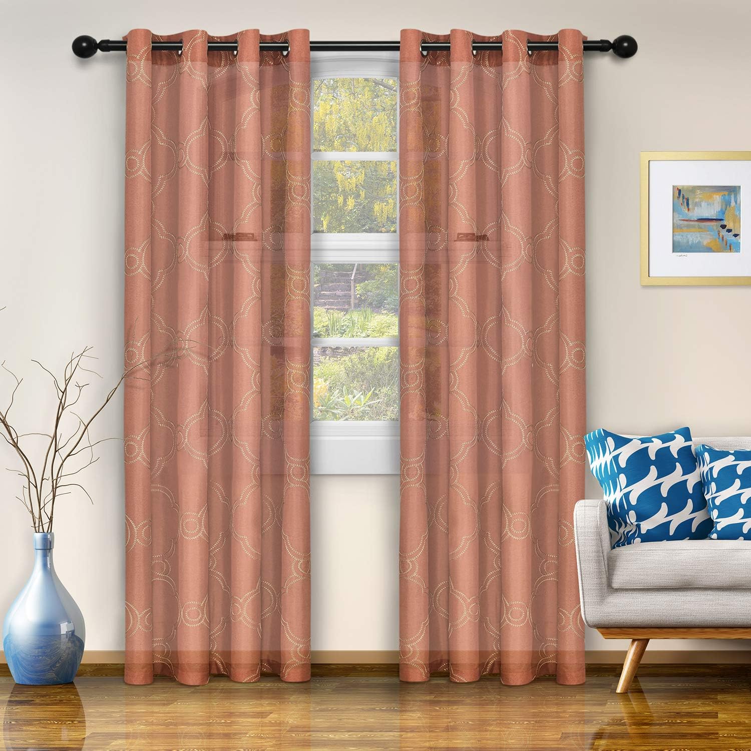 BLUENILEMILLS Davis Embroidered Moroccan Semi-Sheer 2-Piece Curtain Panel Set, 52" x 84", Rust
